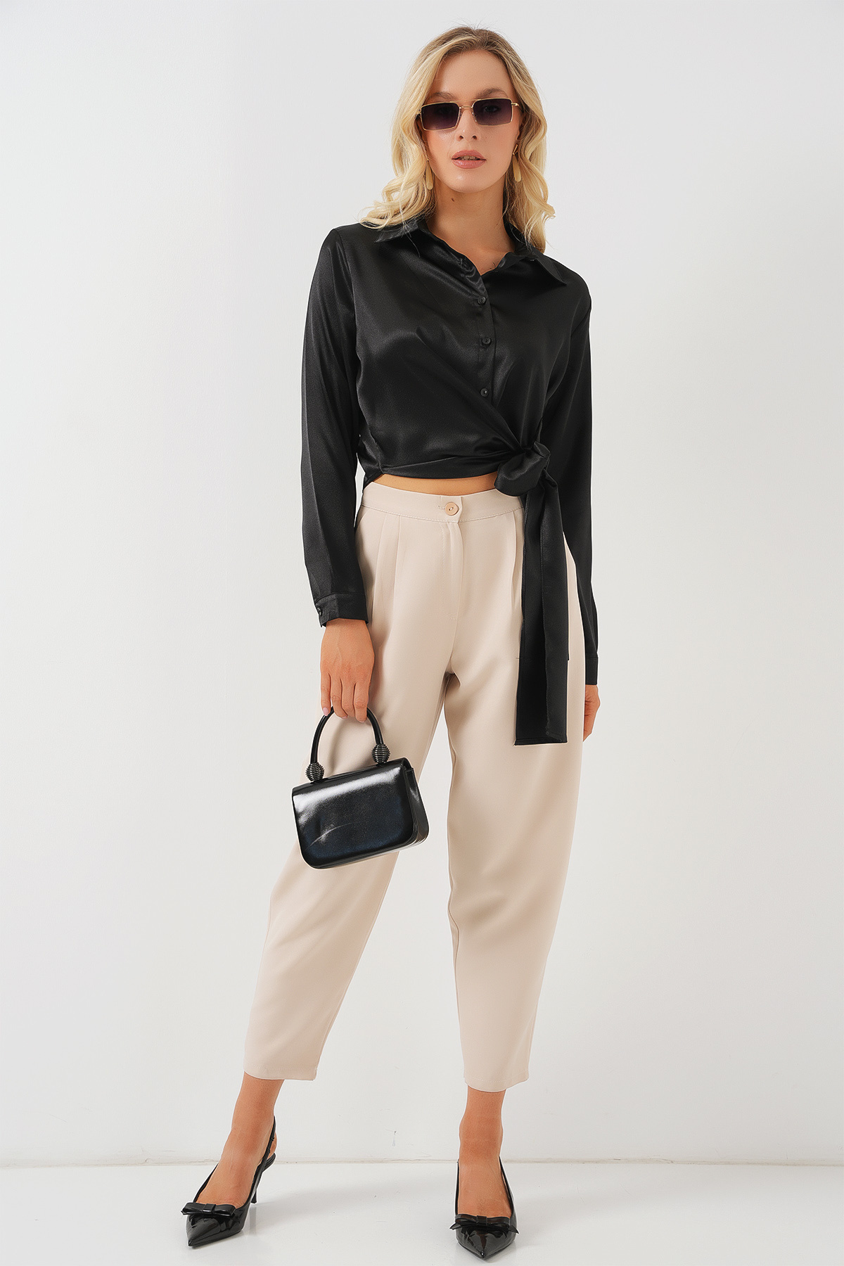 Bigdart-Women's Tie Long Sleeve Satin Shirt 20287 - Black 2