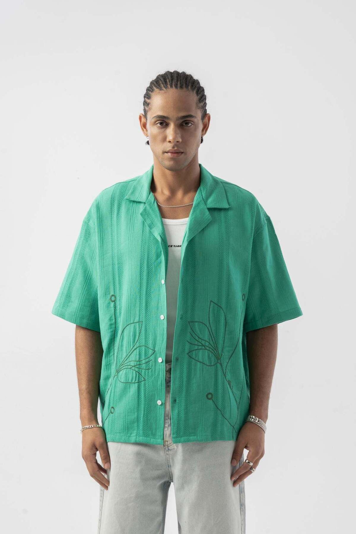 jaceyjace Çiçek Nakışlı Oversize Gömlek - Yeşil