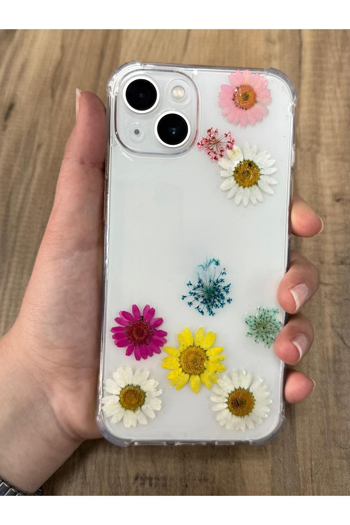 Powerfox İphone 13 Uyumlu Epoksi El Yapımı Gerçek Kurutulmuş Çiçekli Kabartmalı Moda Kılıf