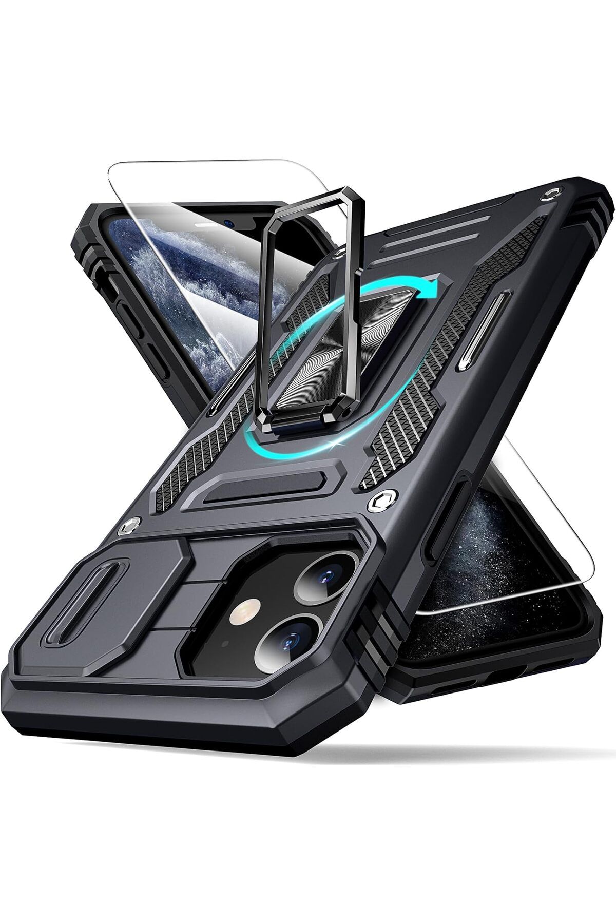Rivor Apple iPhone 11 Uyumlu Kılıf Kamera Sürgülü Standlı Yüzüklü Darbe Emici Zırh Koruyucu Tank Kapak