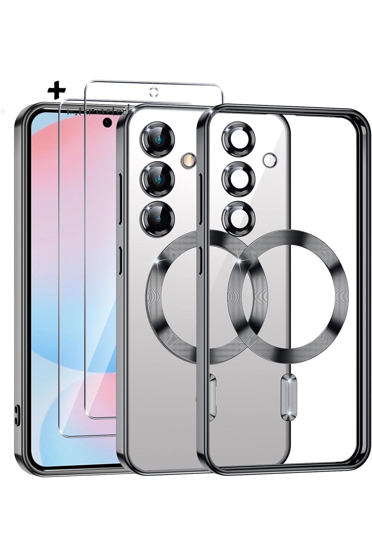 m.tk moveteck Samsung Galaxy A56 Kılıf Magsafe Renkli Kenarlı Arkası Şeffaf Silikon + 9h Ekran Koruyucu Cam Set