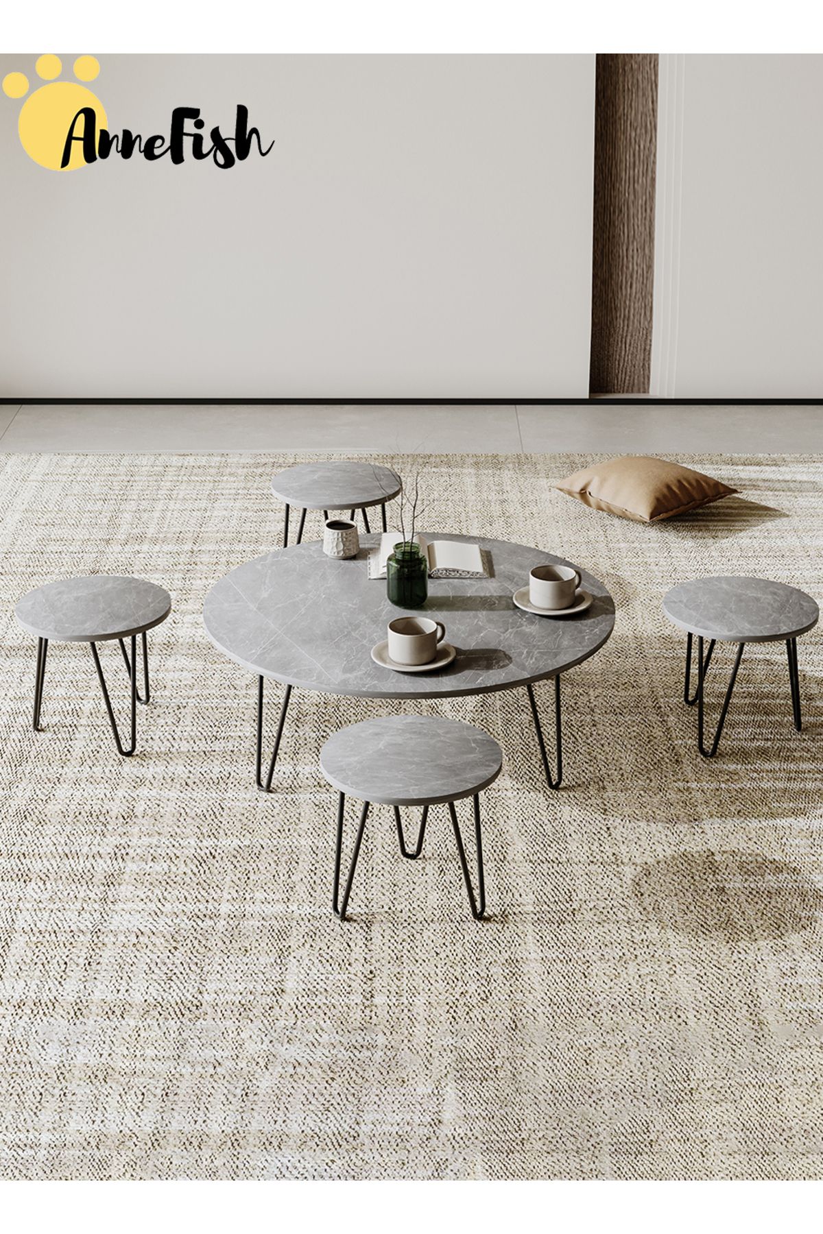 AnneFish-5pcs Floor Coffee Table Set Low Round Home Nesting Friends Gathering Table Set Of 5 Side Table 3