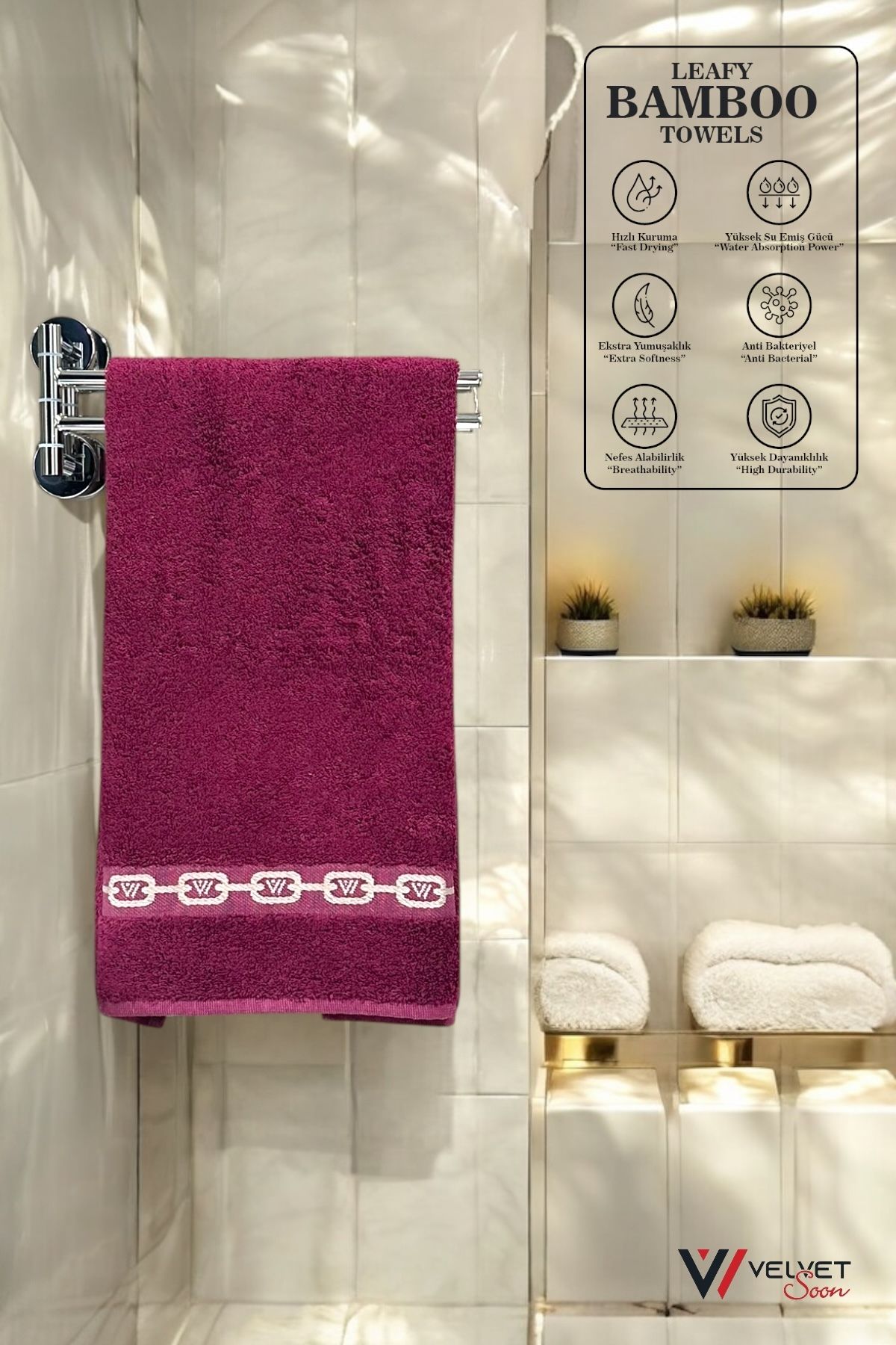 Velvet Soon Bambu Bordo Zincir Bordür 50x90 El Ve Yüz Havlusu