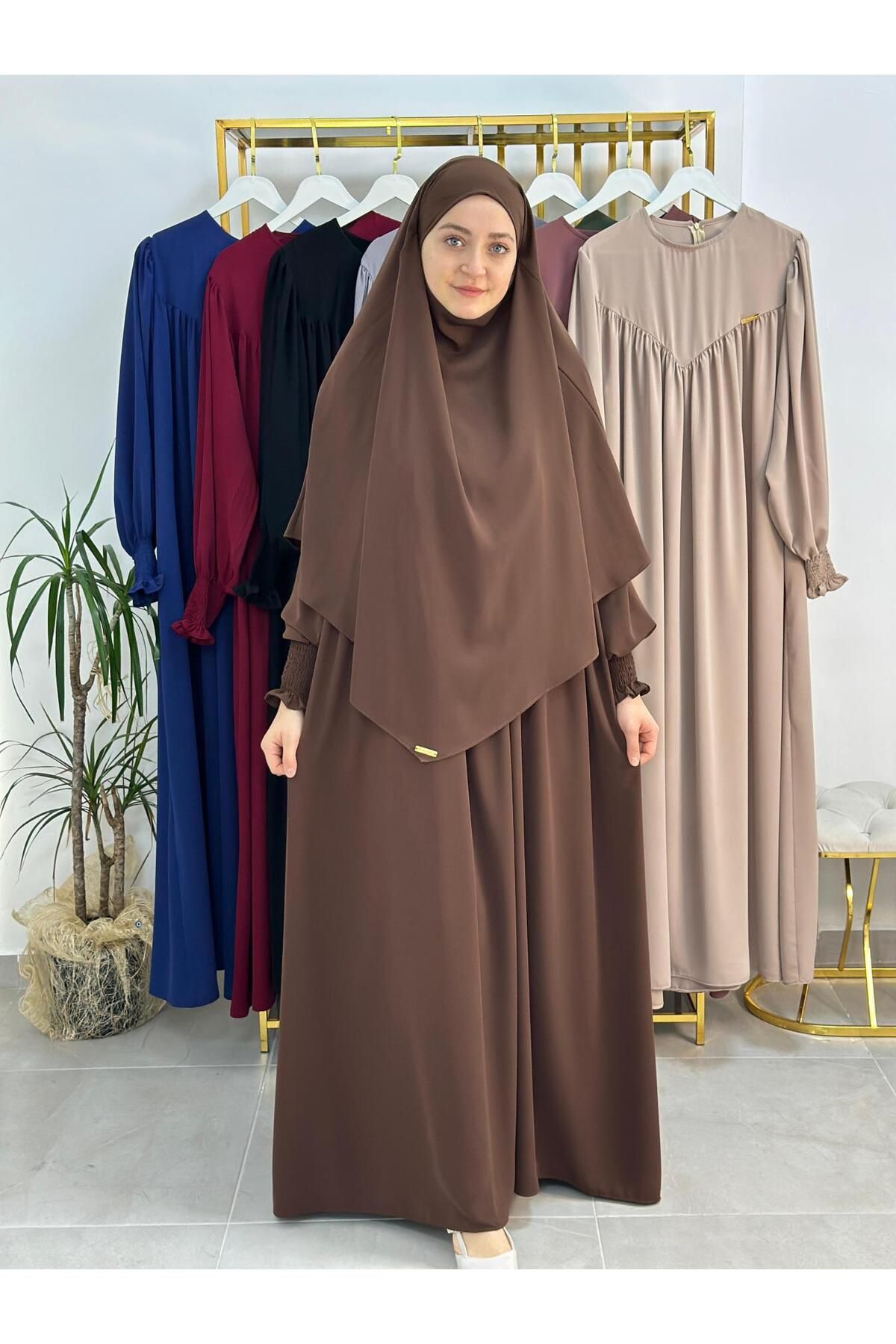 R&S modibone tesettür önü V model büzgülü elbise ,sufle esarp takım ,abaya hijap kahve
