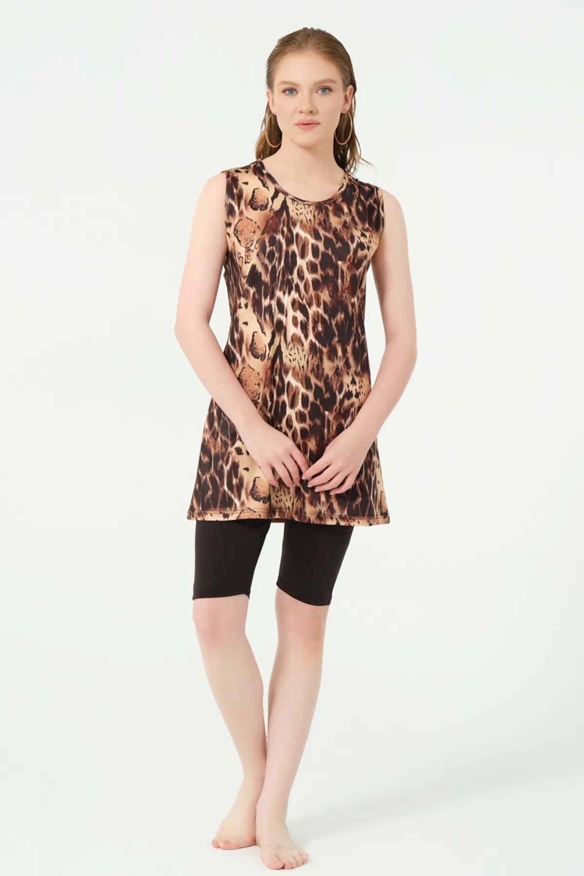 Bordomix 25842 Kadın Leopar Desenli Kolsuz Taytlı Mayo