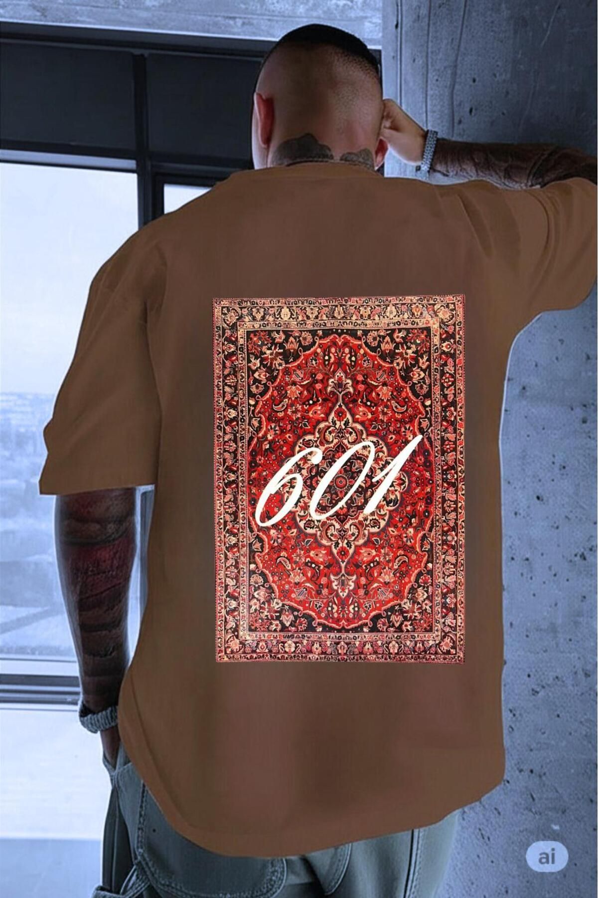 NO 601 Erkek Kahverengi No601 Carpet Baskılı Oversize Tshirt