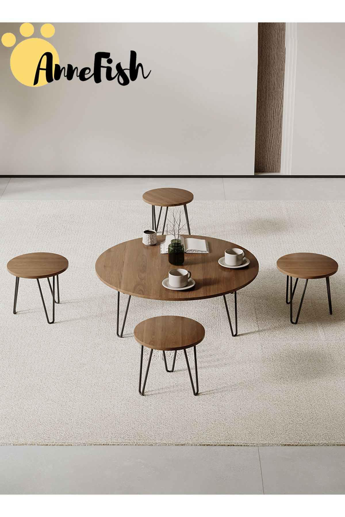AnneFish-5pcs Floor Coffee Table Set Low Round Home Nesting Friends Gathering Table Set Of 5 Side Table 3