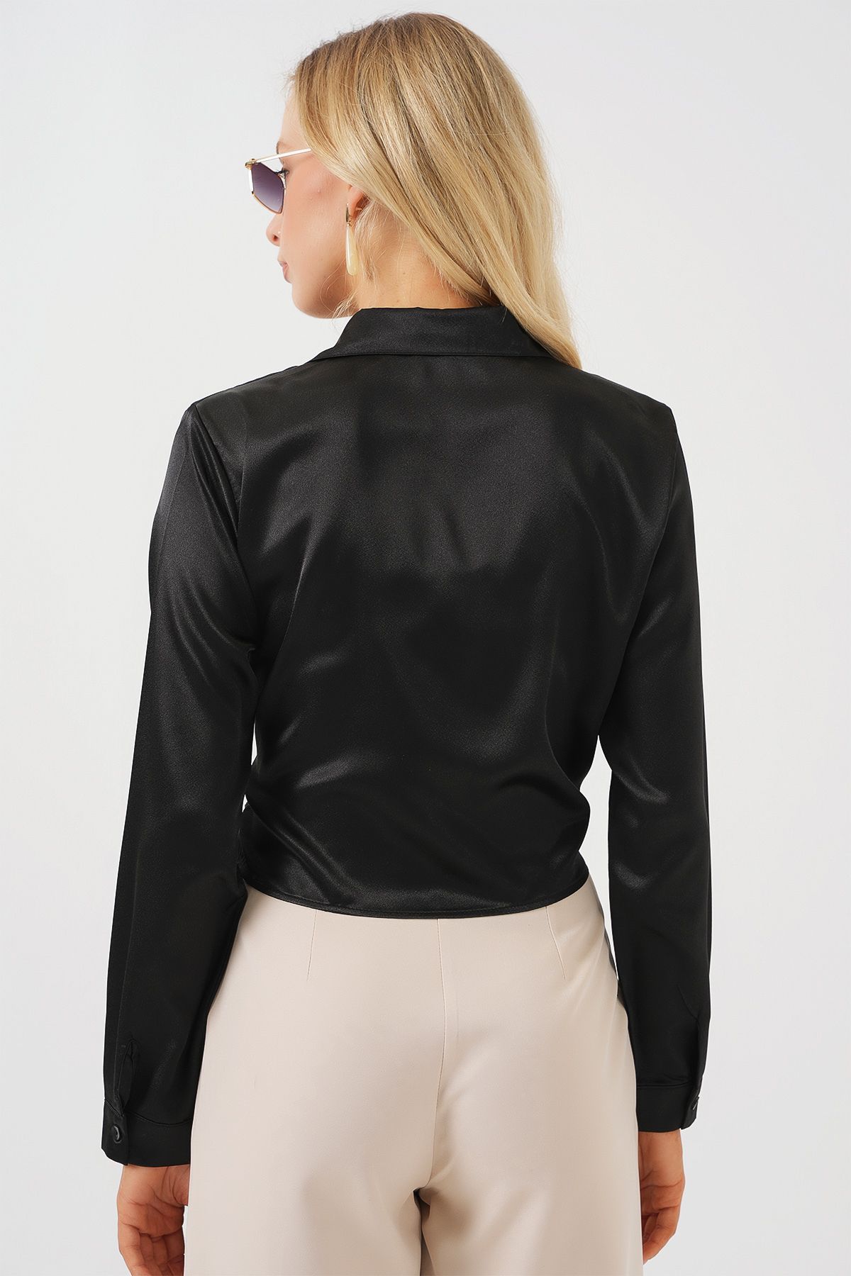 Bigdart-Women's Tie Long Sleeve Satin Shirt 20287 - Black 6