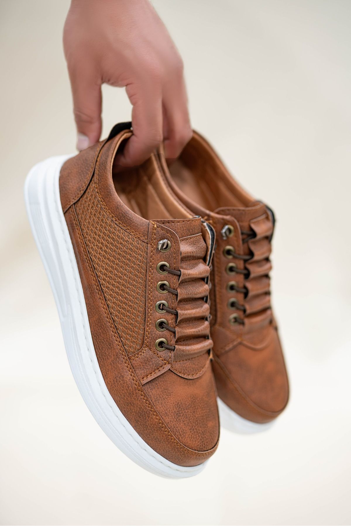 BİKAJOO Erkek Taba Beyaz Fileli Lastikli Günlük Casual Ayakkabı Sneaker BKJ4060