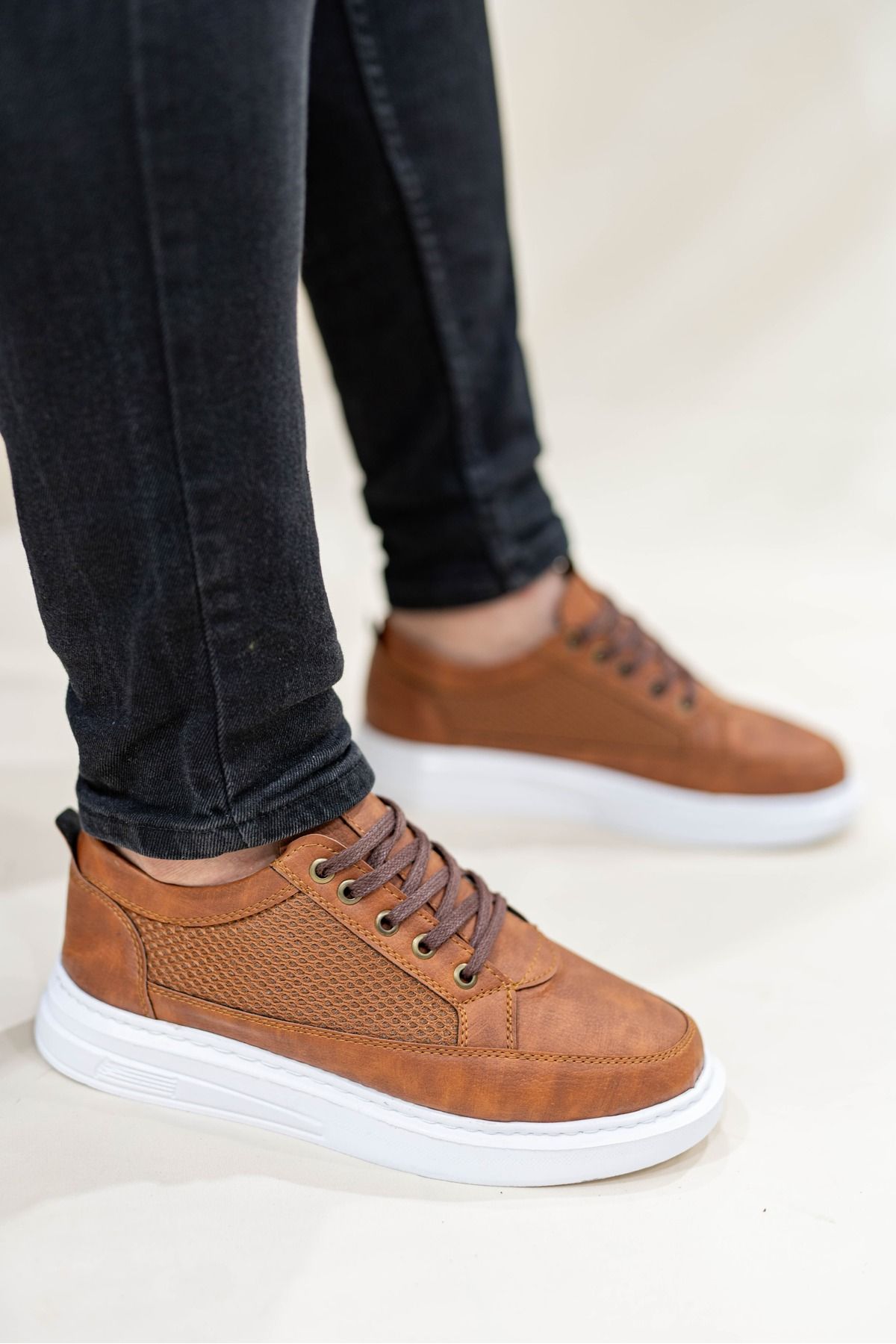 Nubbock Erkek Taba Beyaz Fileli Bağcıklı Günlük Casual Ayakkabı Sneaker NK4058