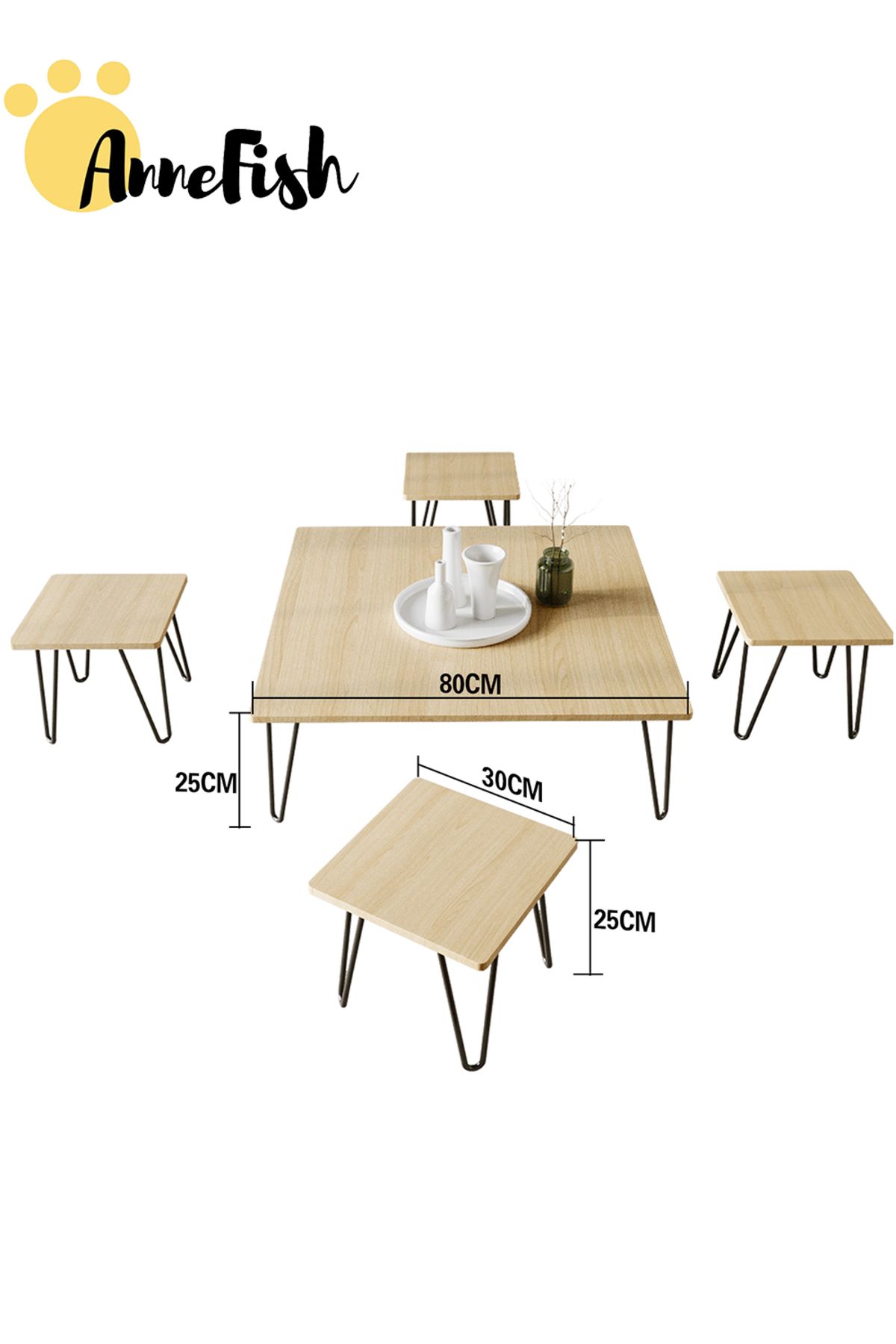 AnneFish-5pcs Floor Coffee Table Set Low Square Home Nesting Friends Gathering Table Set Of 5 Side Table 3