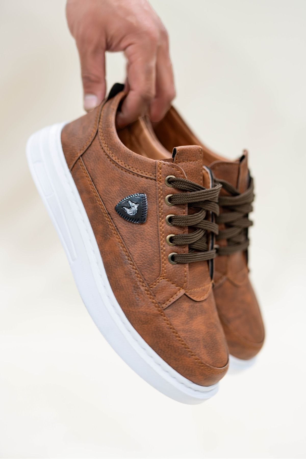BİKAJOO Erkek Taba Beyaz Amblemli Bağcıklı Günlük Casual Ayakkabı Sneaker BKJ4050
