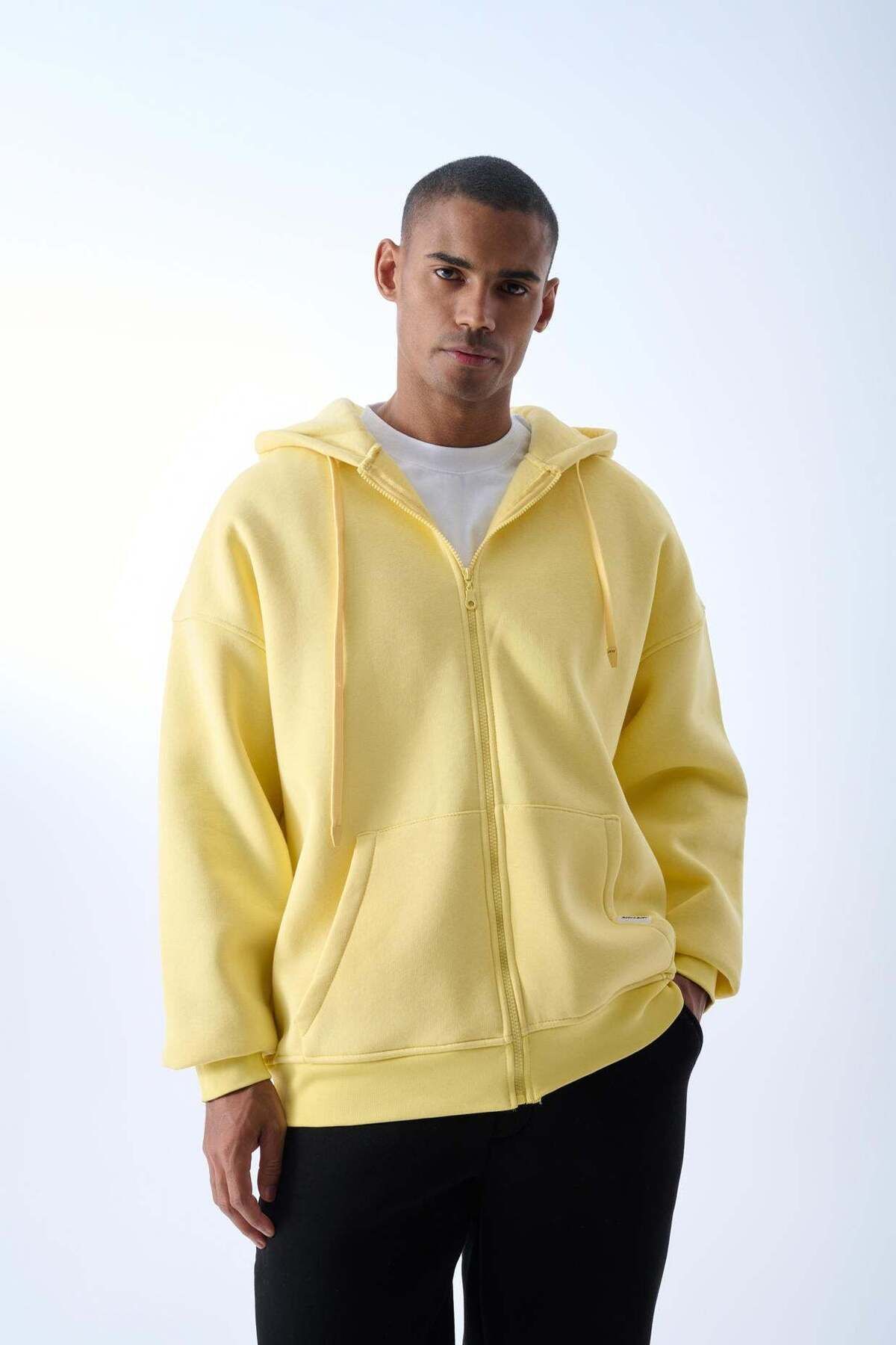jaceyjace Fermuarlı Basic Kapüşonlu Sweatshirt - Sarı