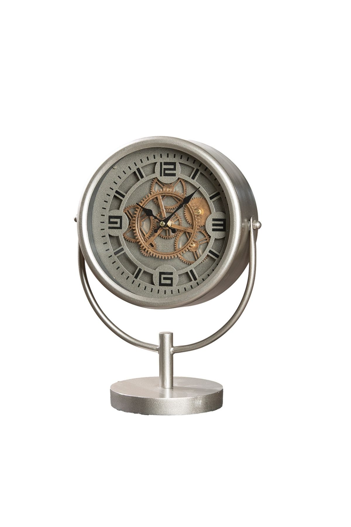 Gilde Gılde Yer/Masa Saati Yuvarlak Dişli Çark Motifli Metal Gümüş Renkli L.16 Cm W.28 Cm H.38 Cm