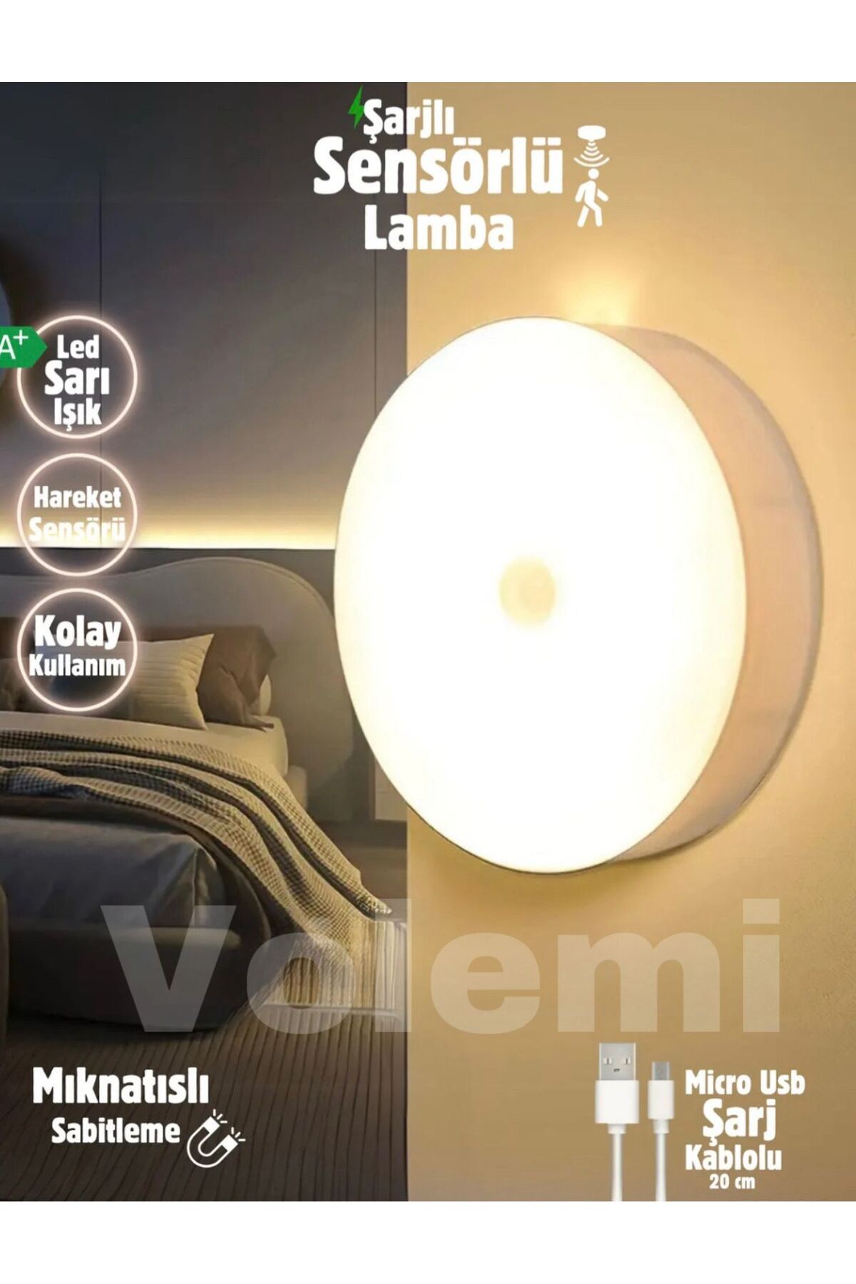 VOLEMİ 8 LED’li Hareket Sensörlü Lamba – USB Şarjlı, Beyaz ve Sarı Işık Modlu