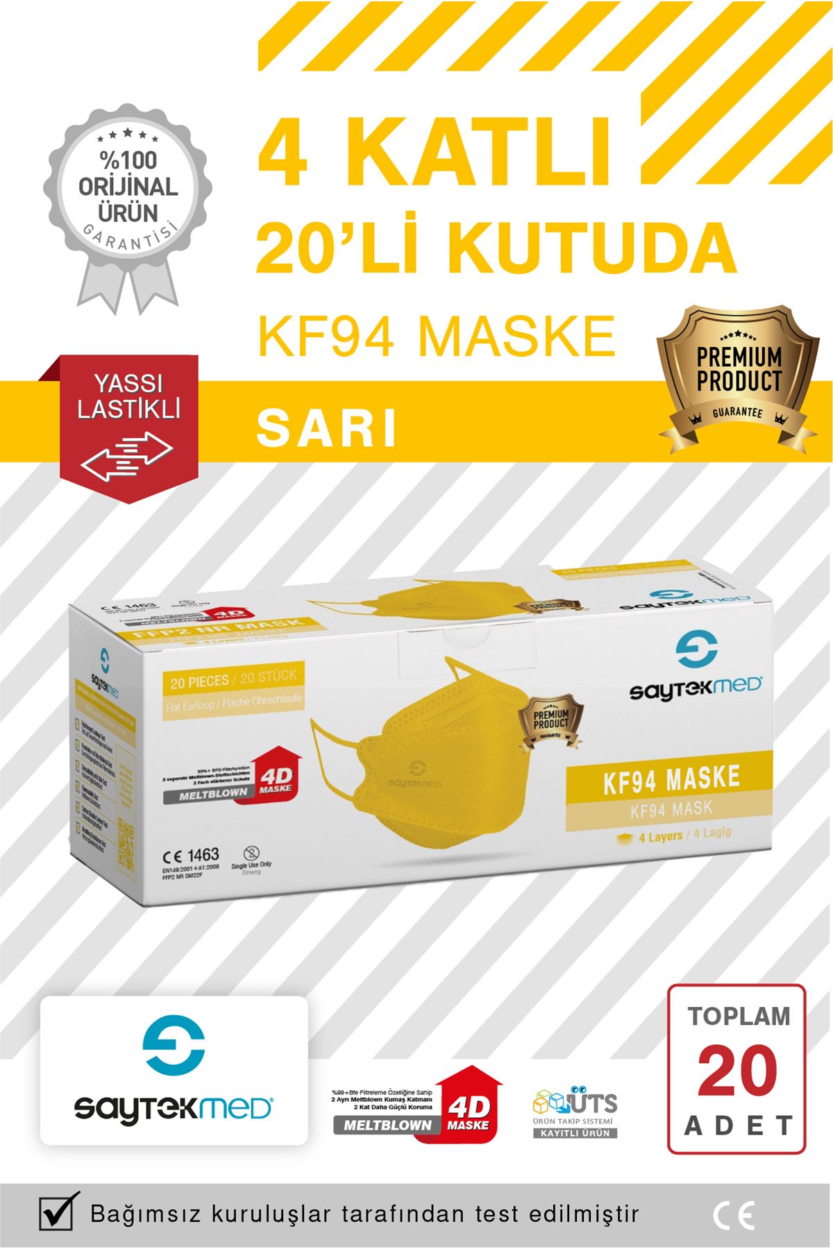 SAYTEKMED KF94 Kore Tipi, 4 katlı, SARI Maske, Tekli Paket, UV Steril (1 Kutu/ 20 Adet)