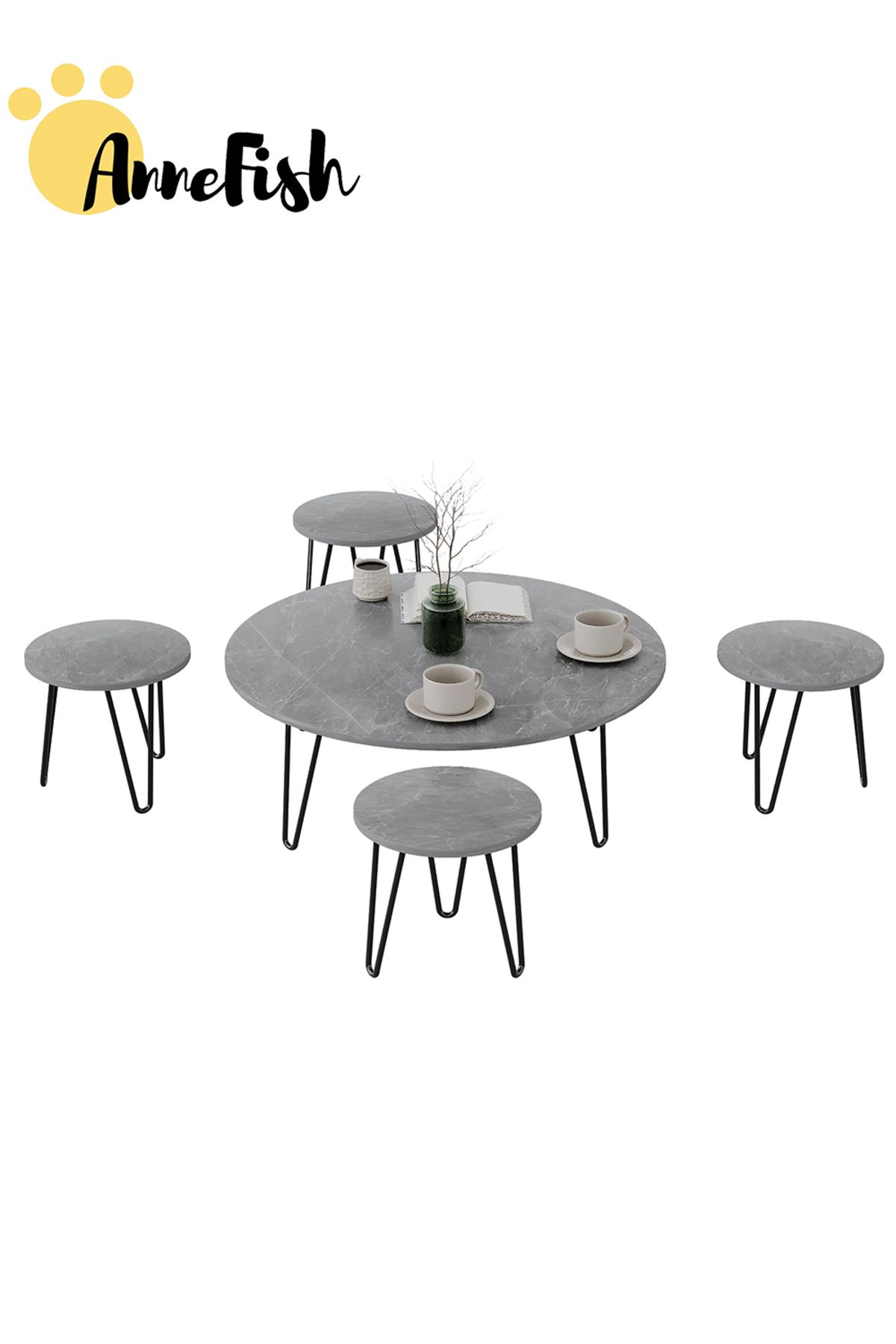 AnneFish-5pcs Floor Coffee Table Set Low Round Home Nesting Friends Gathering Table Set Of 5 Side Table 8