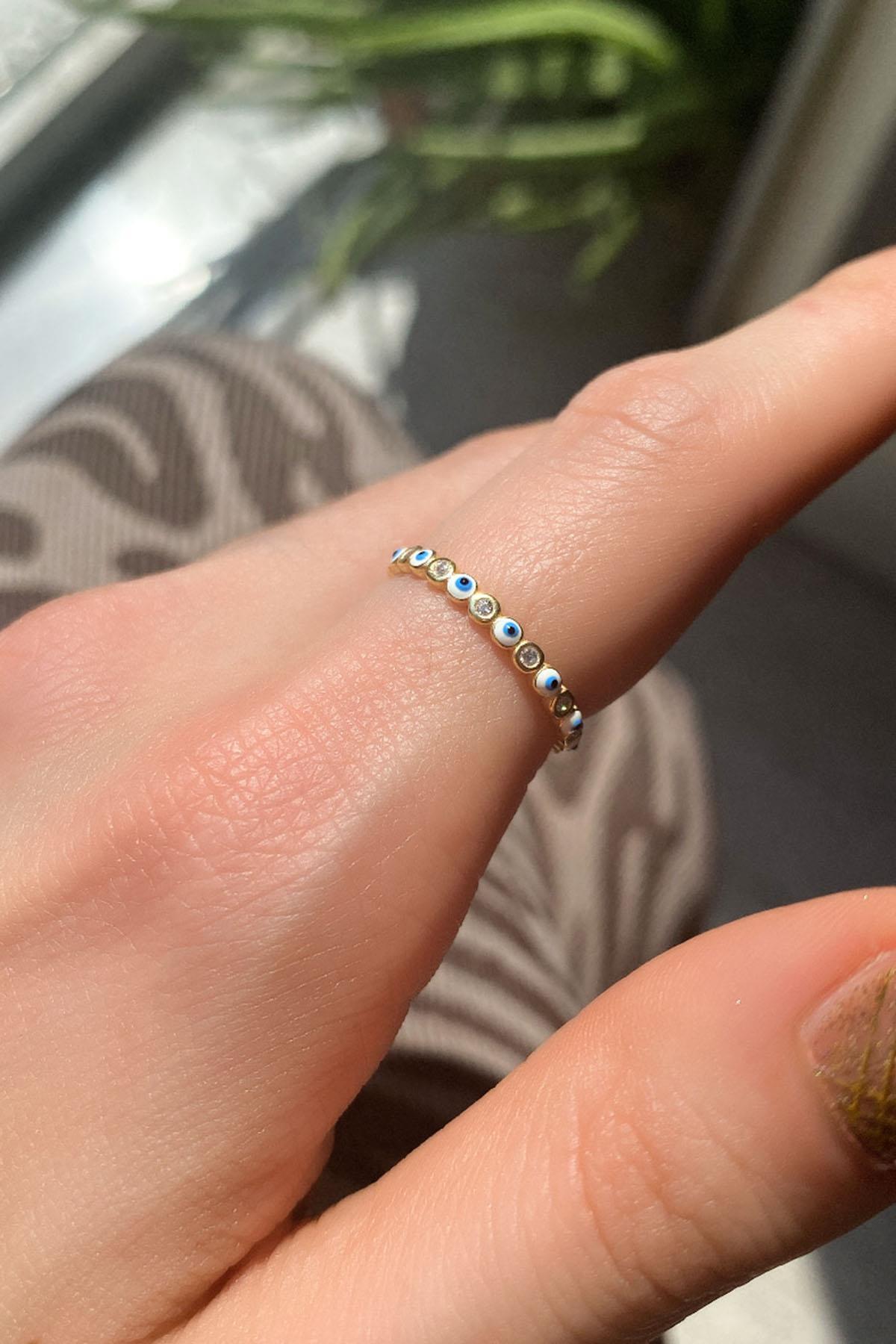 Spossy Silver Jewelry Beyaz Mineli Taşlı Tam Tur İnce Yüzük