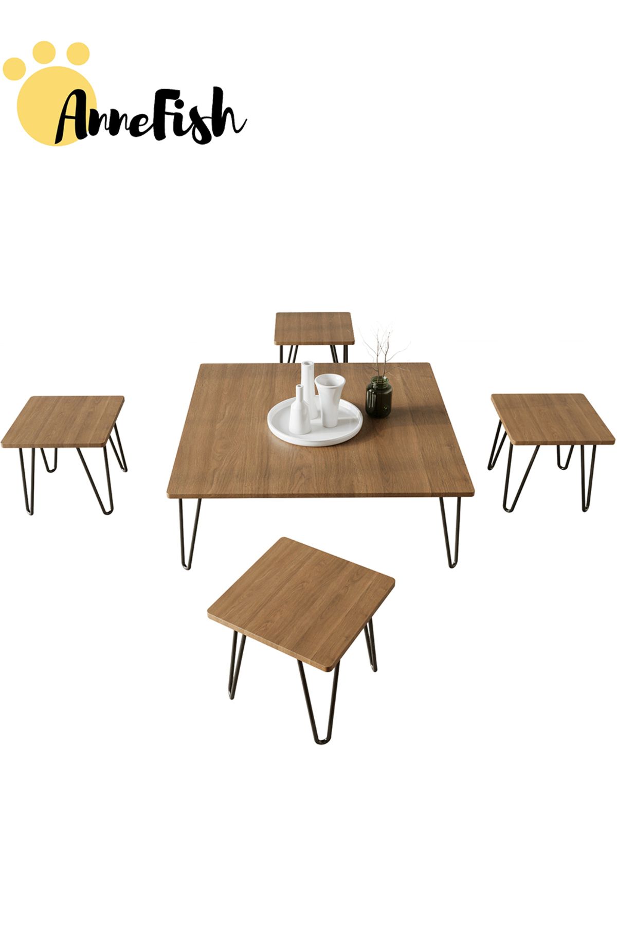 AnneFish-5pcs Floor Coffee Table Set Low Square Home Nesting Friends Gathering Table Set Of 5 Side Table 4
