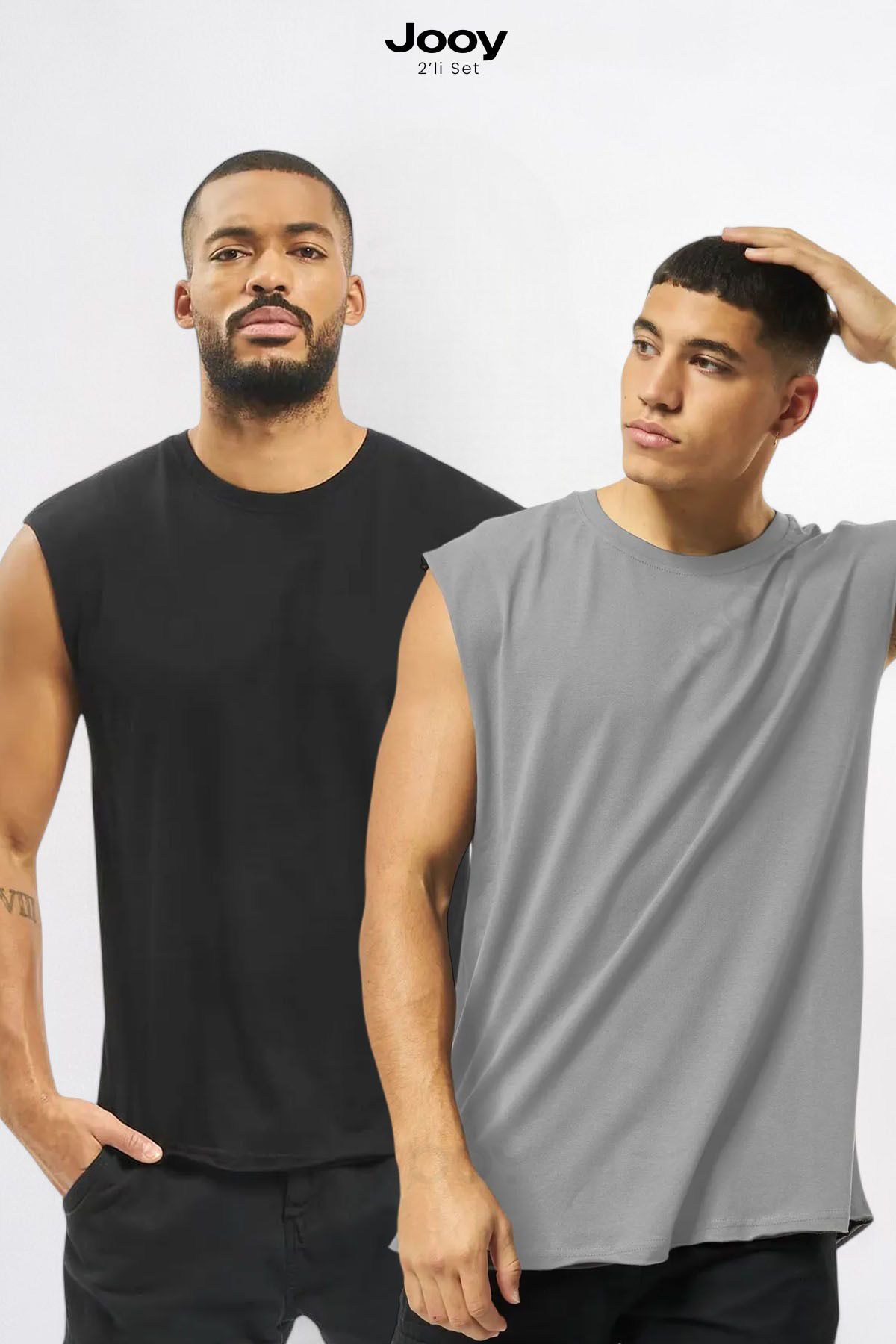 Jooy 2'li Kampanyalı Set Erkek Antrenman Sporcu Atleti Oversize Kolsuz T-Shirt