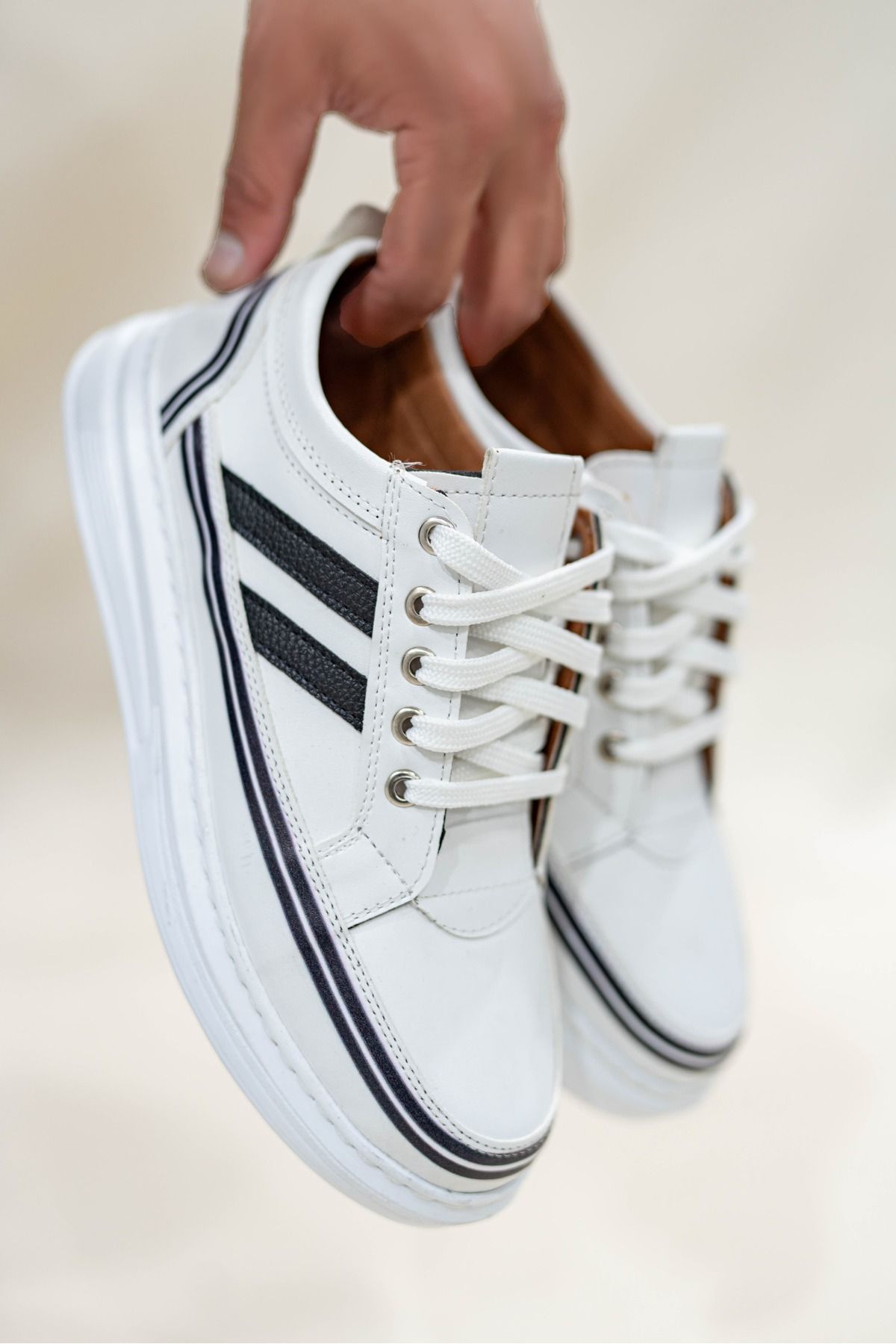 BİKAJOO Erkek Beyaz Çizgili Bağcıklı Günlük Casual Ayakkabı Sneaker BKJ4048