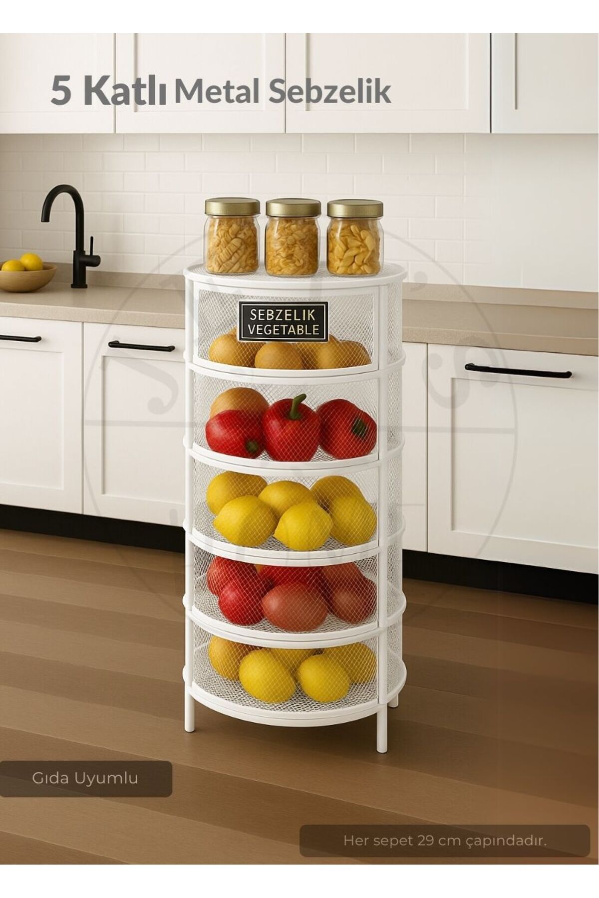 Jet's Home 5 Katlı Sebzelik Açılır Metal Patates Soğan Sepeti Paslanmaz Meyvelik Organizer Sepet Beyaz