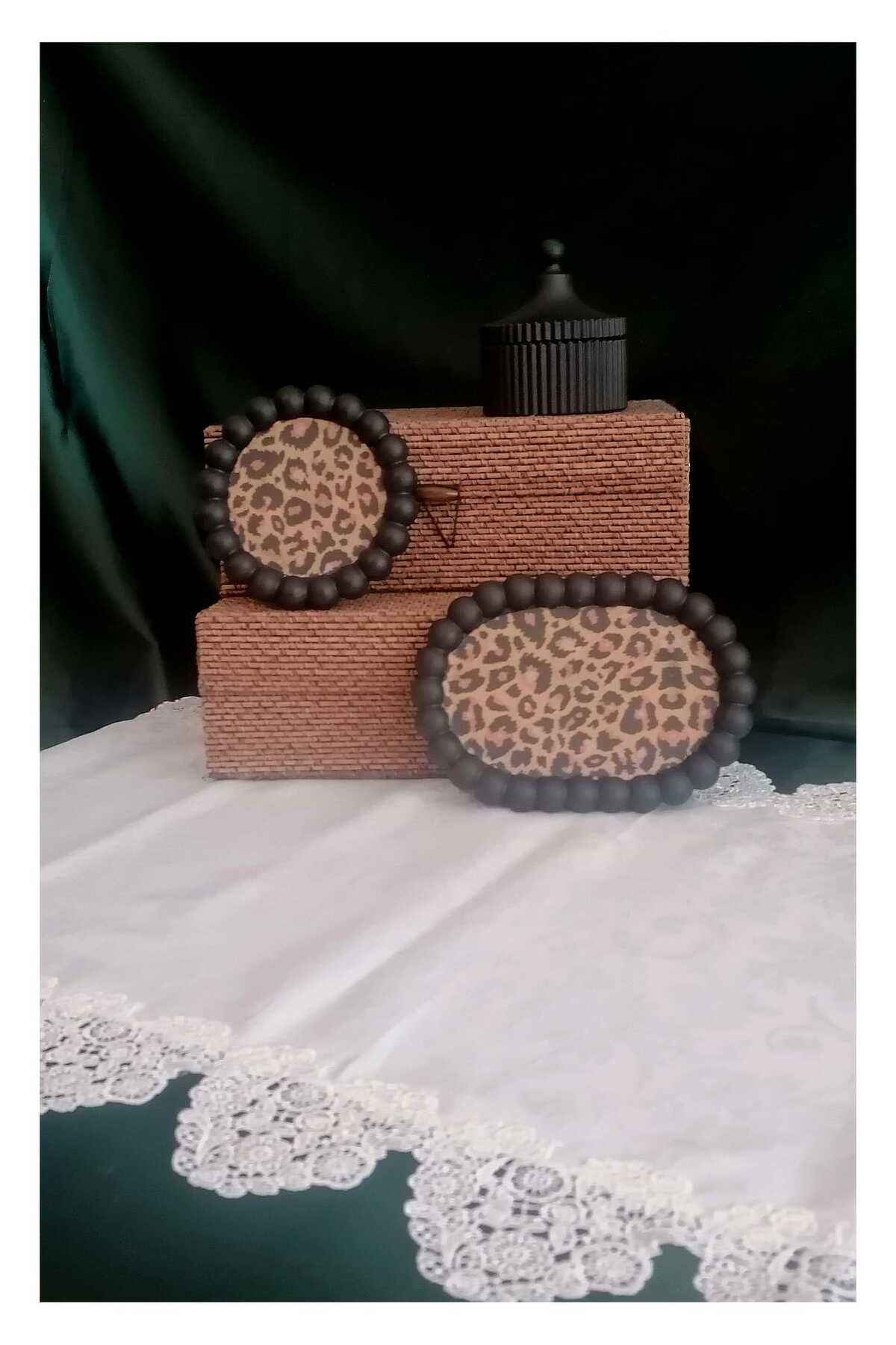BakS DESİGN Dekoratif Leopar Desenli 2 Modern Tabak ve Black Kutu