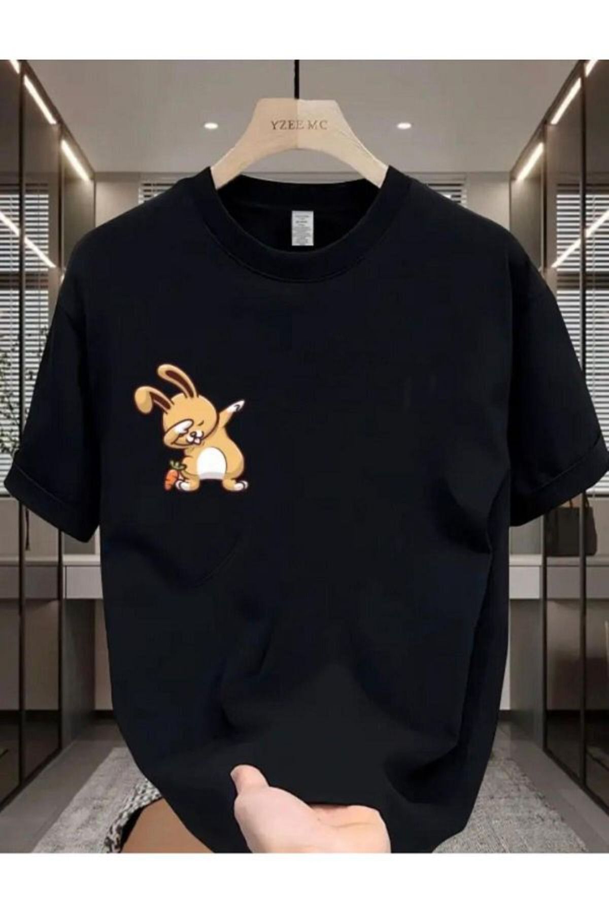 aynewmoda Büyük Boy Tişört Temel Tişört Sevimli Tavşan Baskılı Unisex - Yuvarlak Yaka