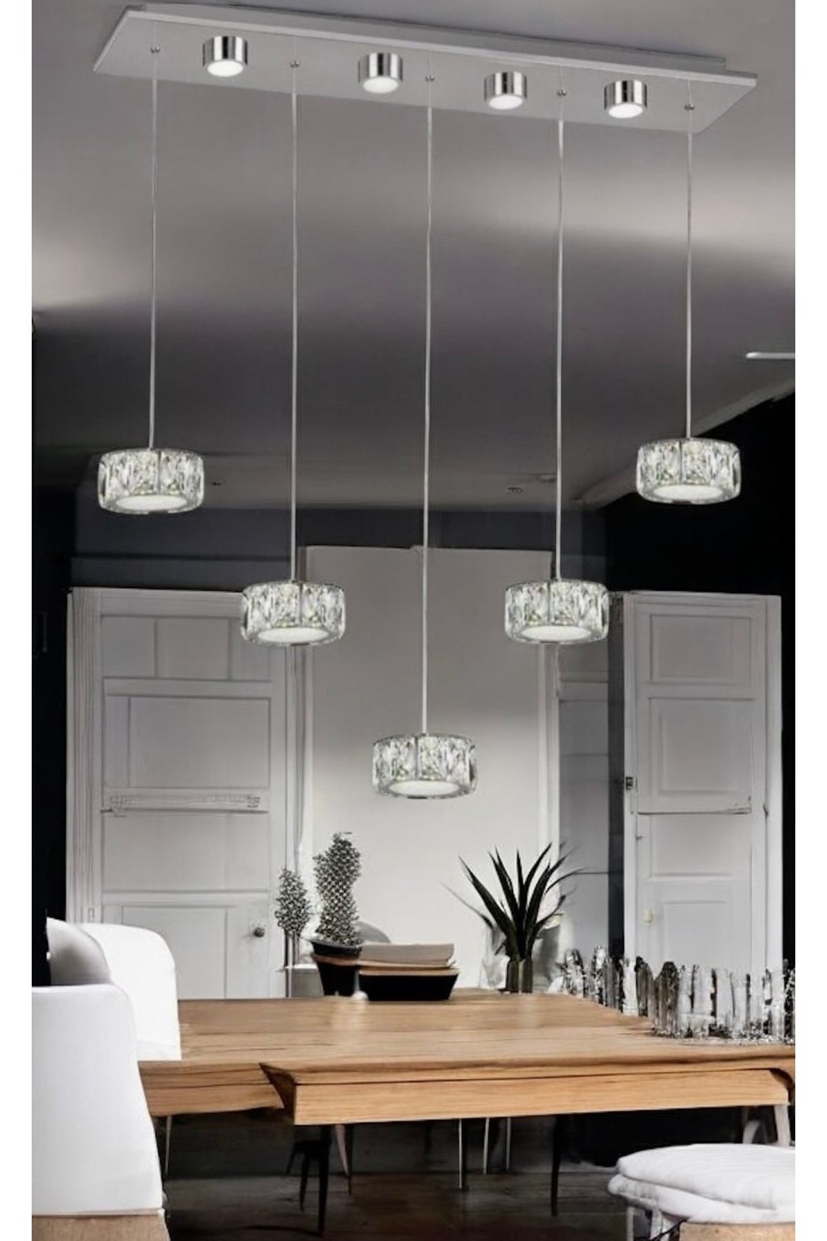 burenze Modern Luxury Kristal Taşlı Led Avize Krom Gövde 5’li Sıralı Kumandalı 3 Renk Gümüş