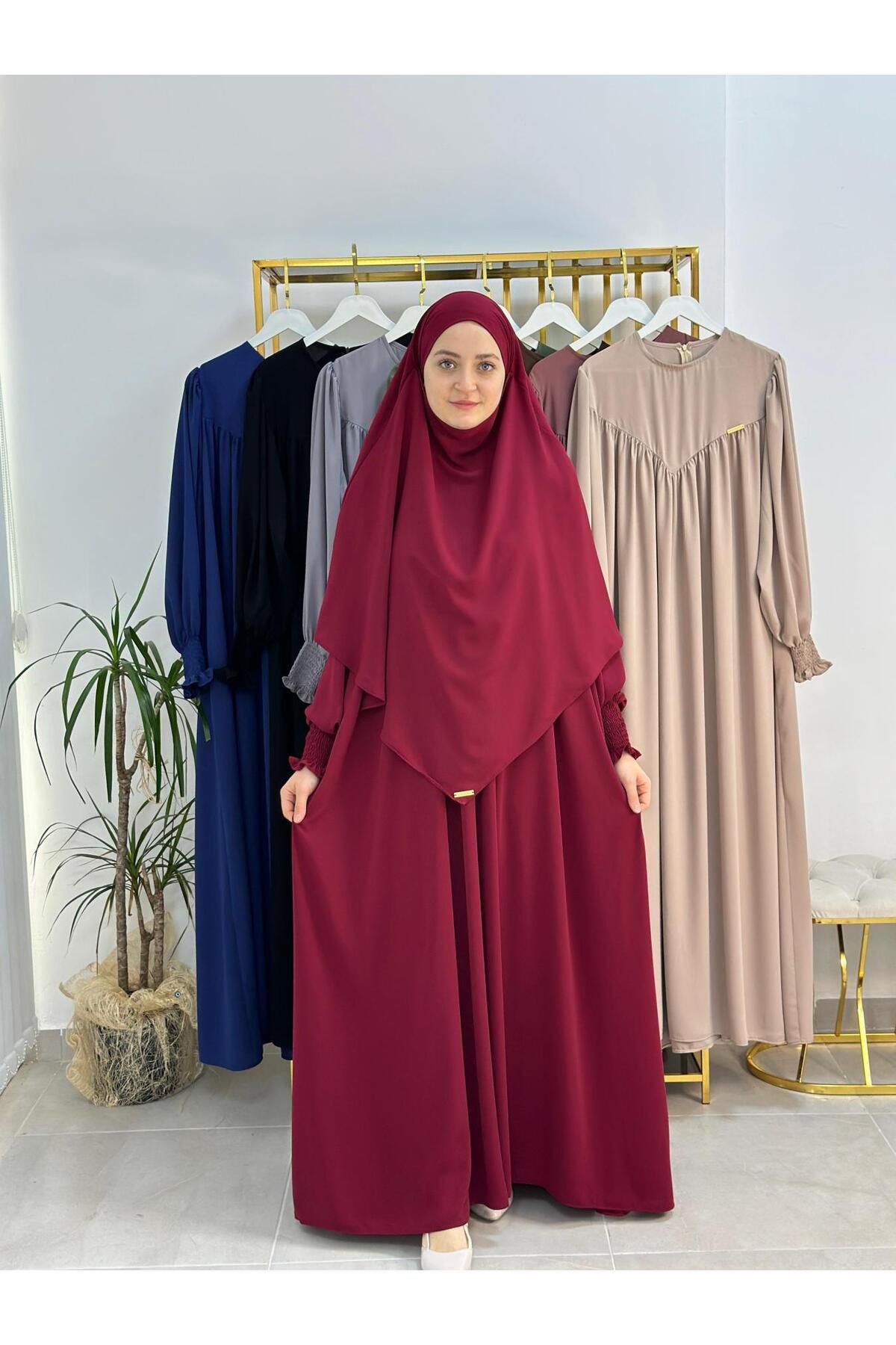 R&S modibone tesettür önü V model büzgülü elbise ,sufle esarp takım ,abaya hijap bordo