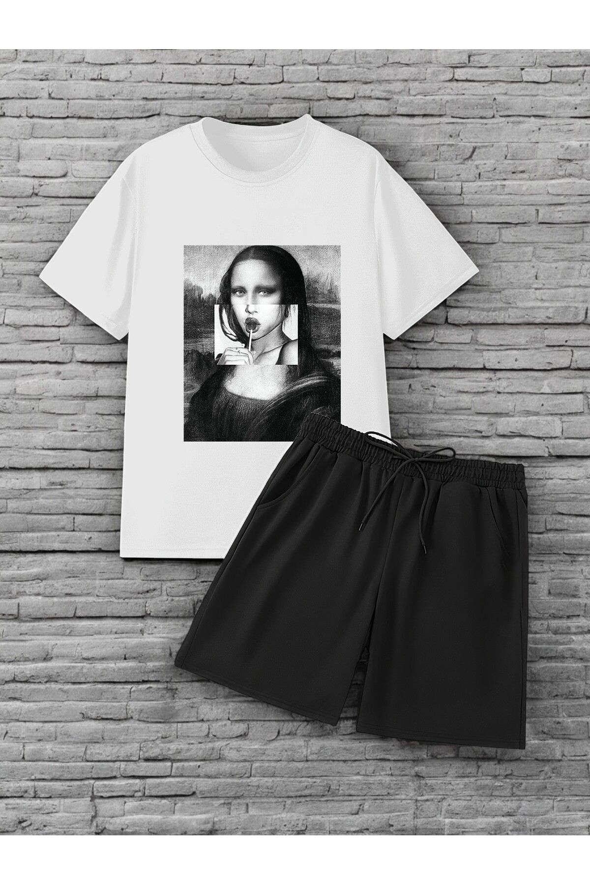uyguntarz Unisex Mona Lisa Baskılı Tasarım Şort Takım