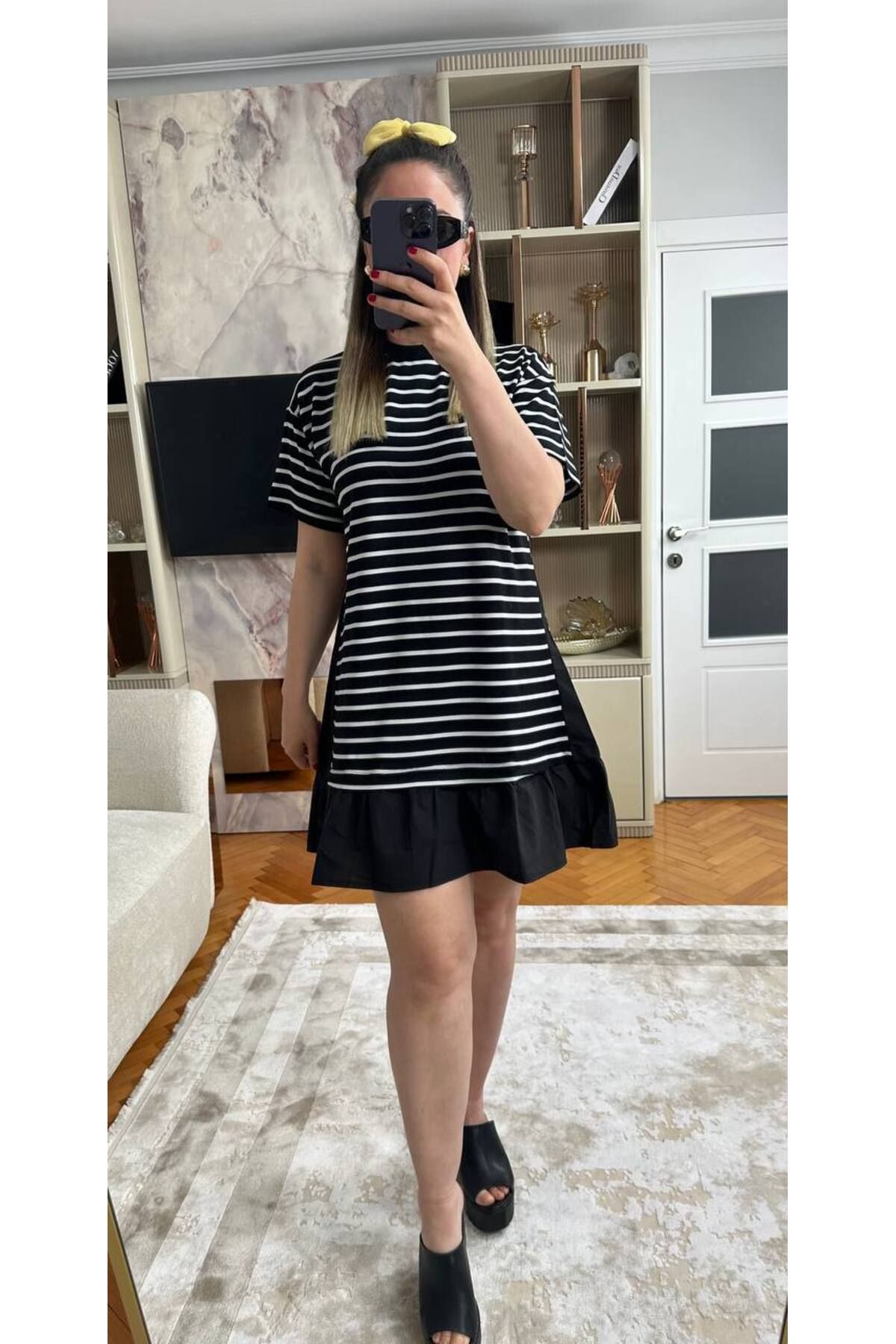 BRGCLOTHING B.Y.M.N Marka Muadil Çizgili Penye Etek Poplin Elbise