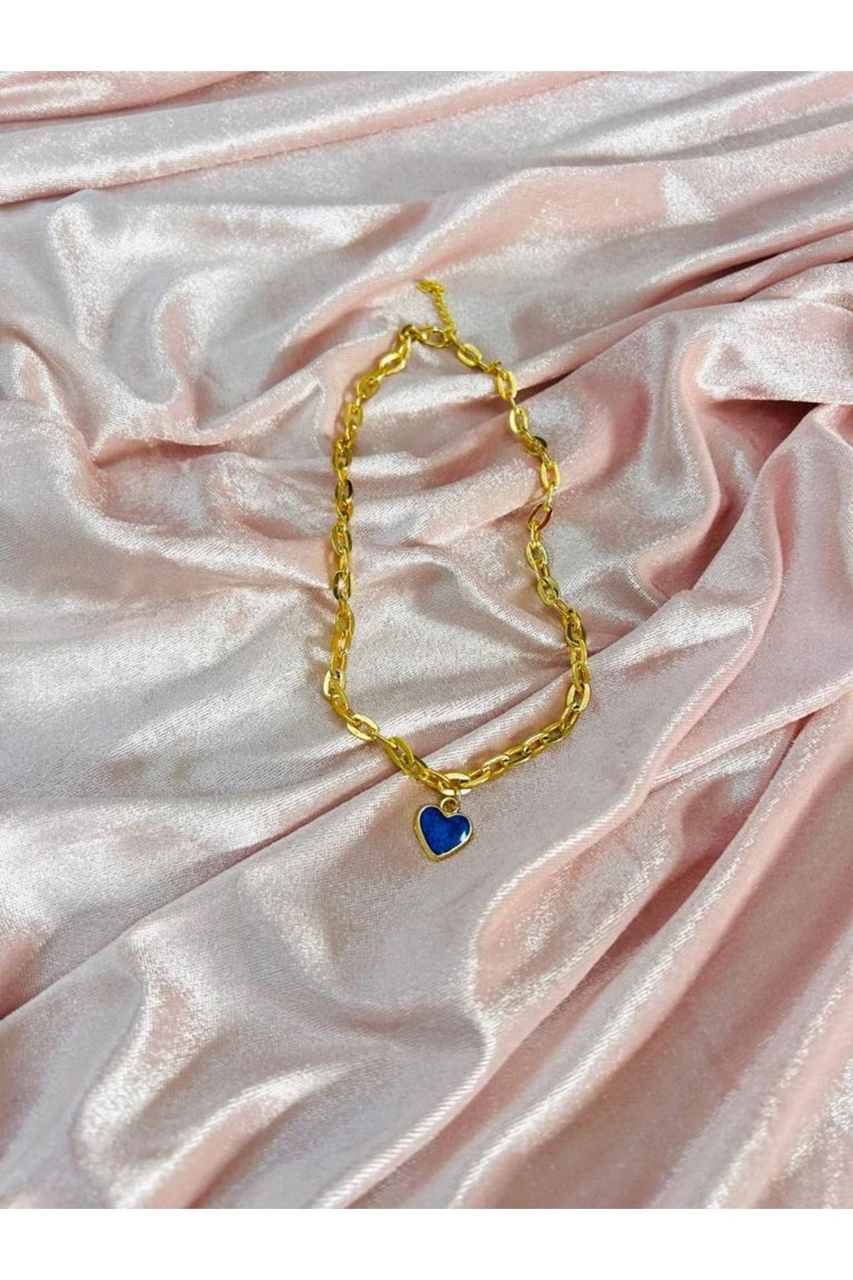 sosyeteyim Vip Gold Zincir Mavi Kalp Charm Kolye