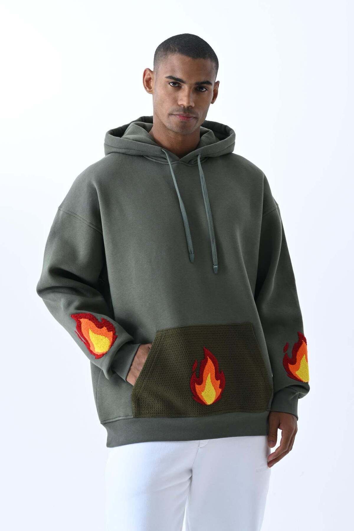 jaceyjace Alev Nakışlı Kapüşonlu Oversize Sweatshirt - Haki