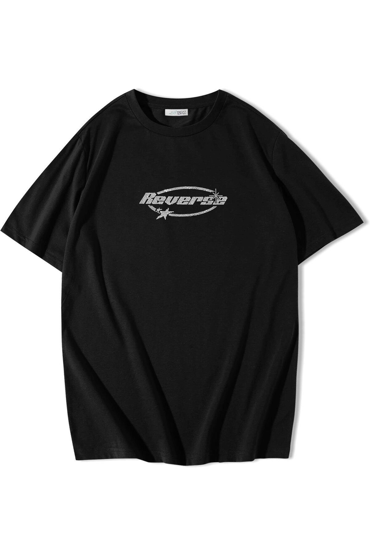 BRZ COLLECTION Unisex Oversize Reverse Kristal Taş Baskılı T-shirt Siyah