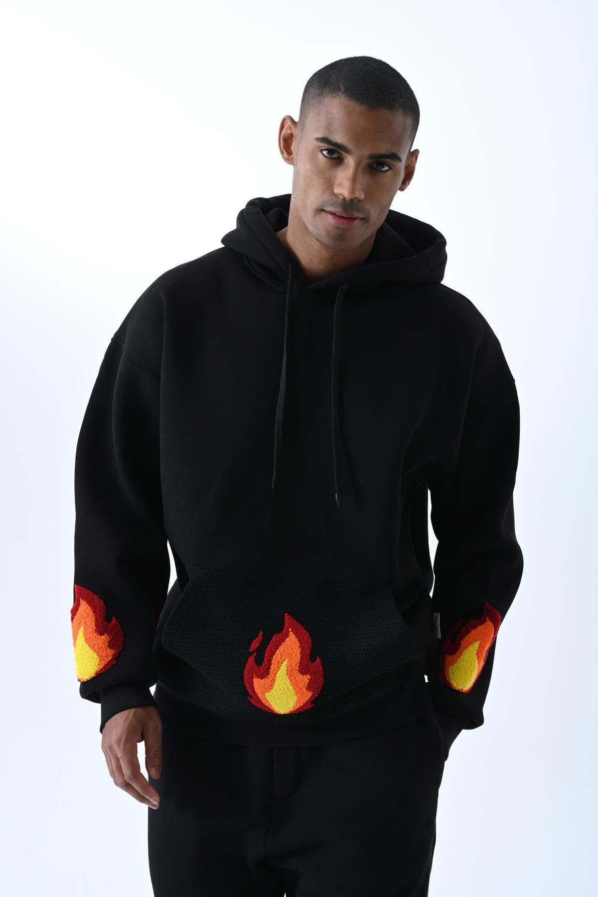 jaceyjace Alev Nakışlı Kapüşonlu Oversize Sweatshirt - Siyah
