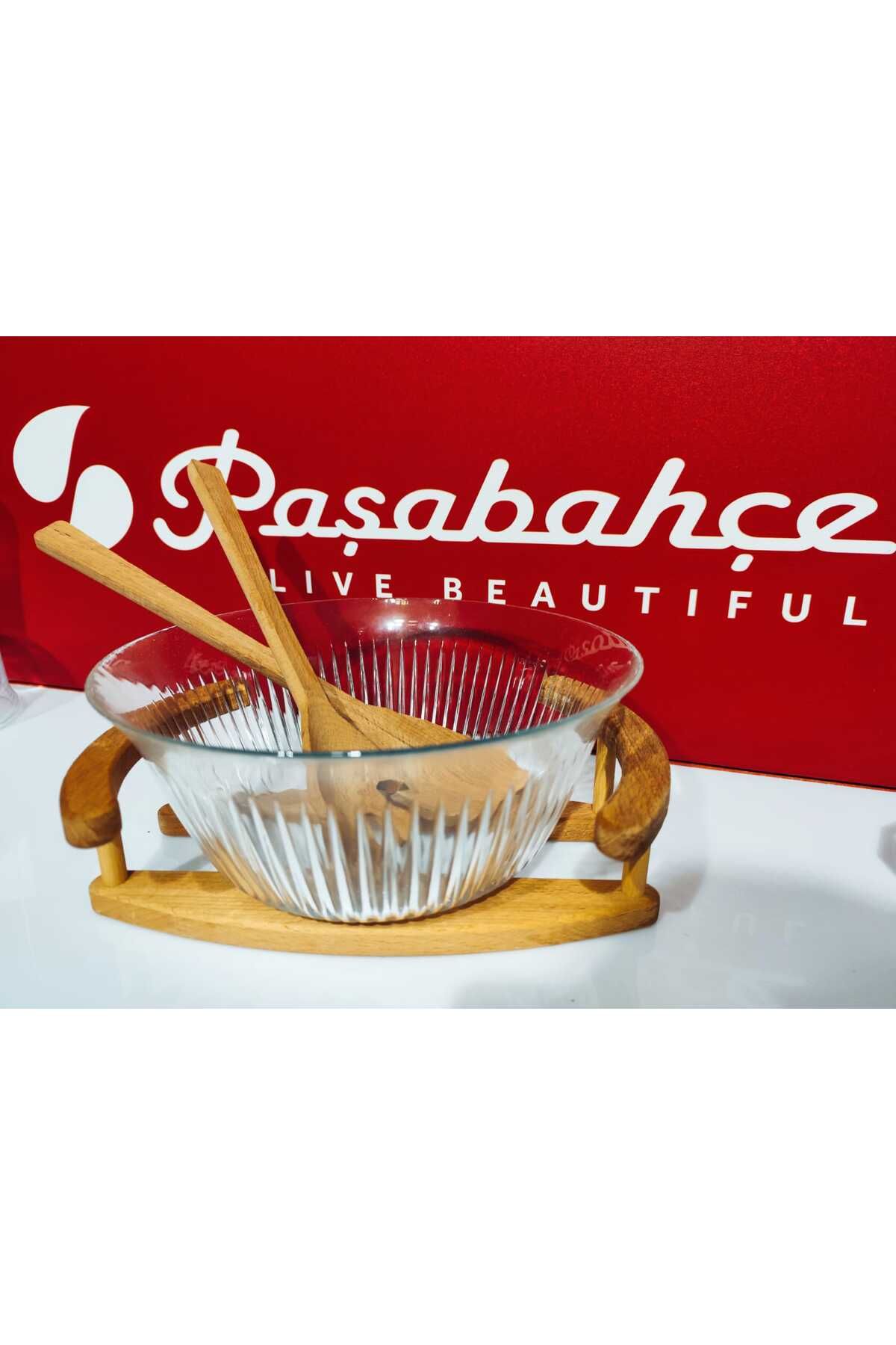 Paşabahçe-Set of Wooden Serving Handles and Set + Salad Serving Bowl of Freesia Presentation Bowl 4 Pç. 3