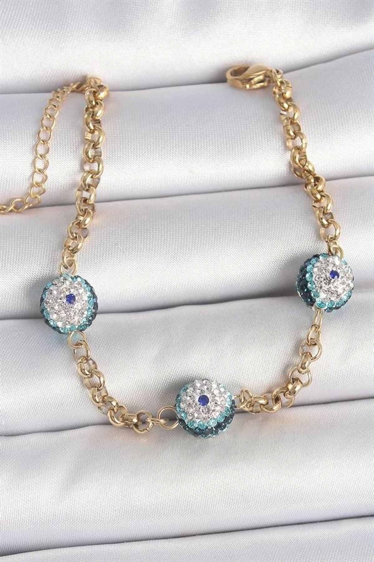 FASHIONLINE 316L Çelik Gold Renk Zirkon Taşlı Nazar Boncuk Model Kadı Bileklik