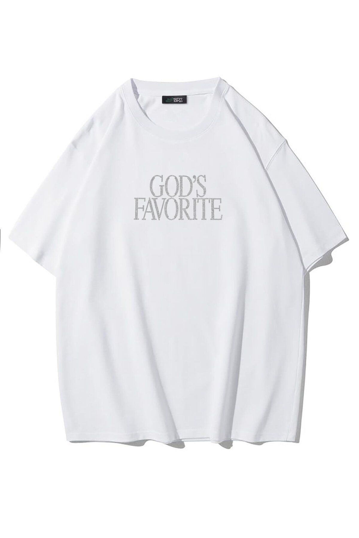 BRZ COLLECTION Unisex Oversize God's Favorite Kristal Taş Baskılı T-shirt Beyaz