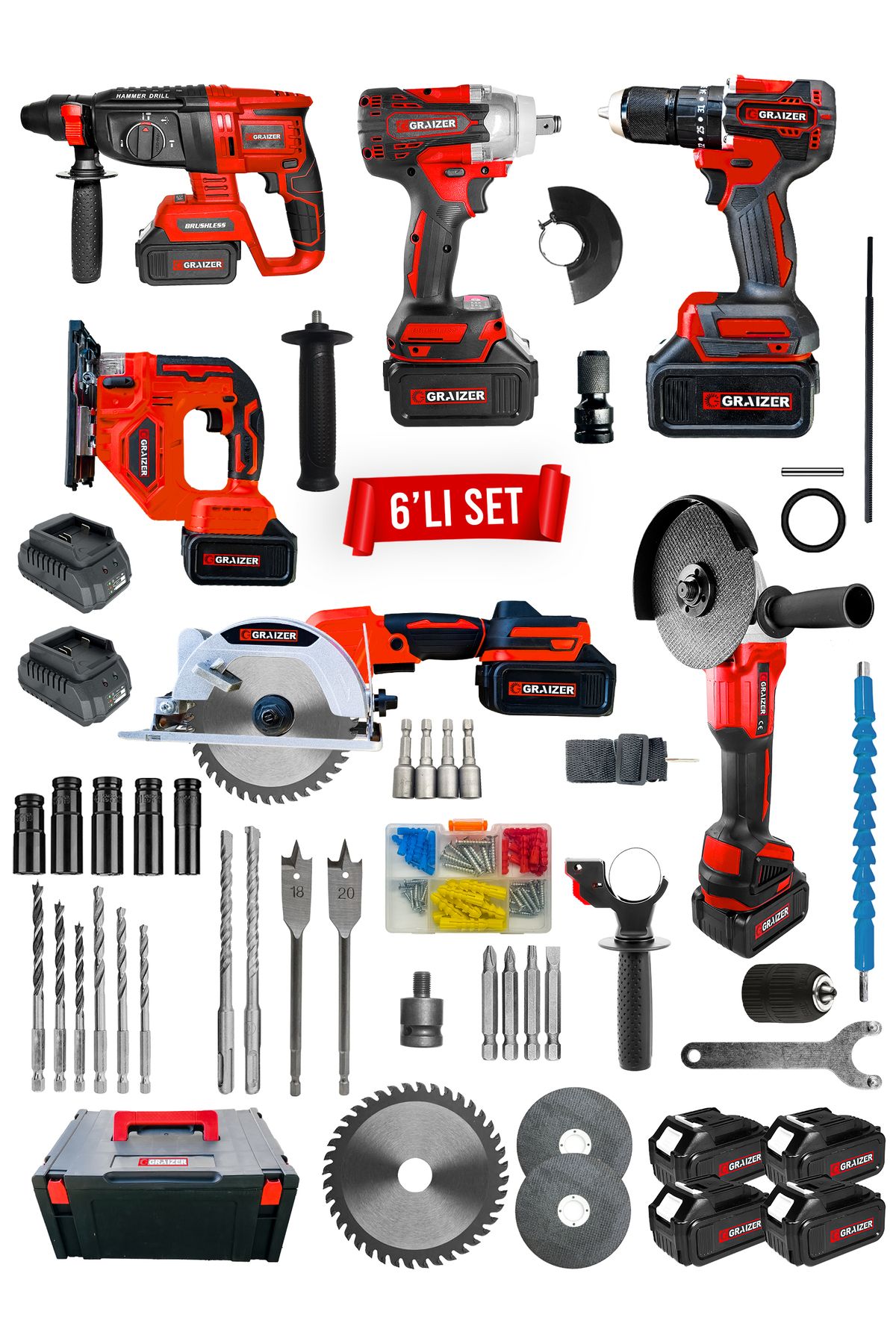 Graizer Powerforge Profesyonel Kömürsüz Bakır Sargılı Çelik Şanzıman 6'lı Set Sunta Kesme+Dekupaj-Kırmızı
