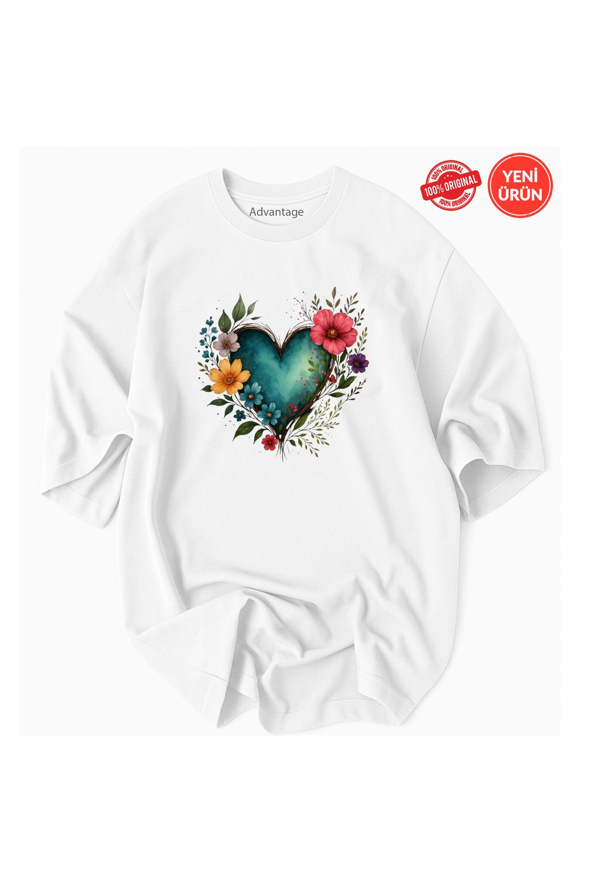 Advantage Yeni Trend Kadın Çiçek Kalp Desenli %100 Pamuklu Premium T-Shirt