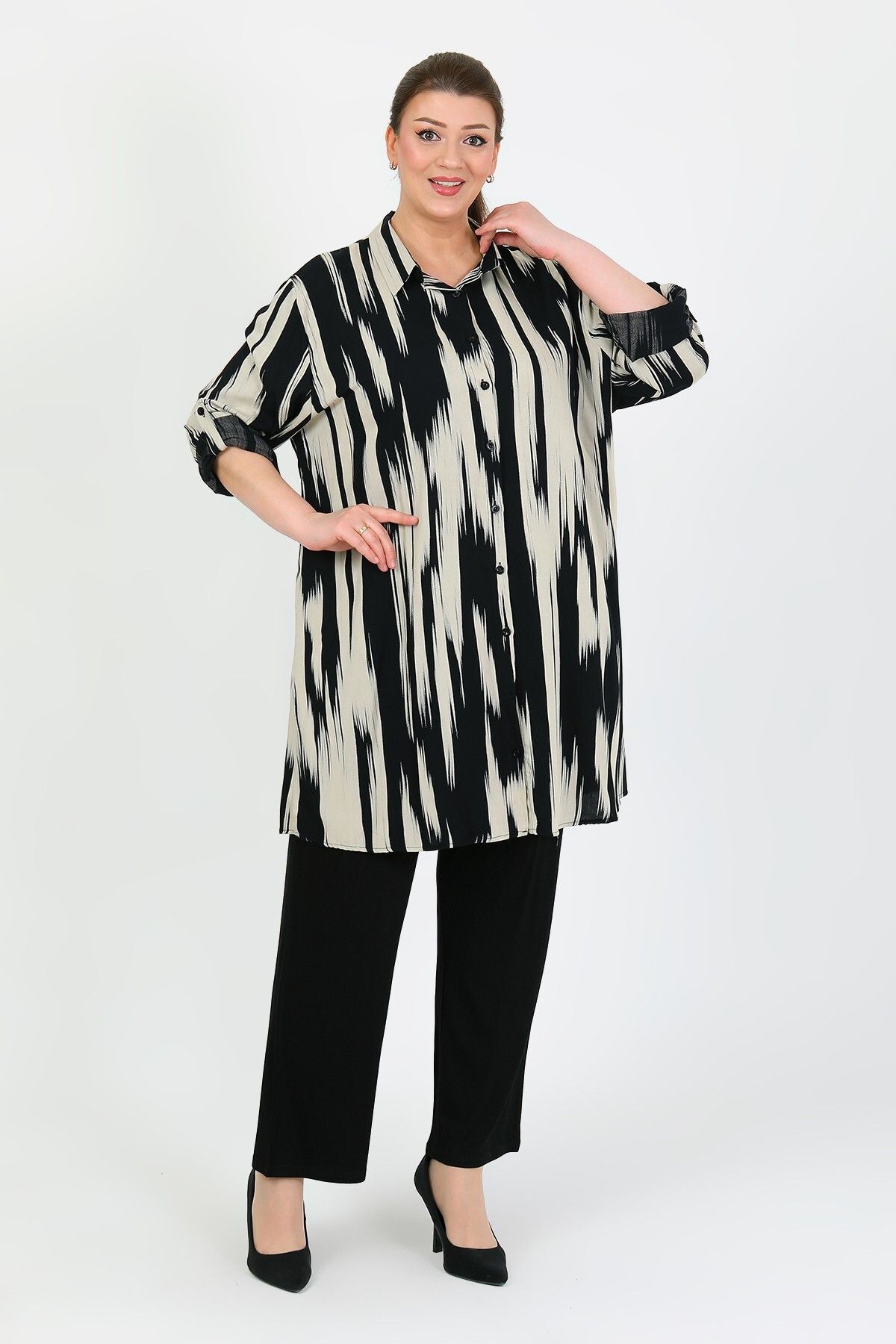 By Alba Collection-Women's Black and White Patterned Cotton Viscose Large Size Tunic 2