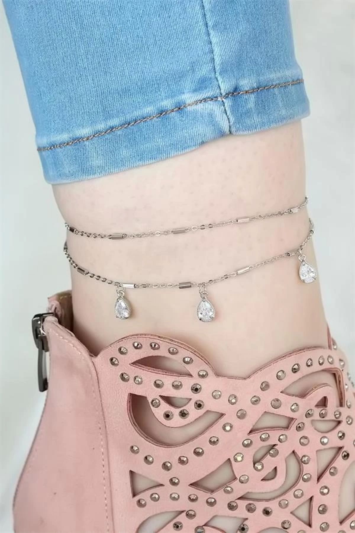 FASHIONLINE Silver Renk Çift Zincirli Damla Taşlı Hal Hal