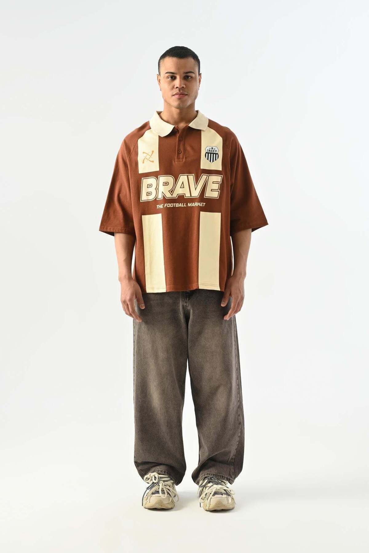 jaceyjace Brave Çubuklu Polo Yaka T-shirt - Kahverengi
