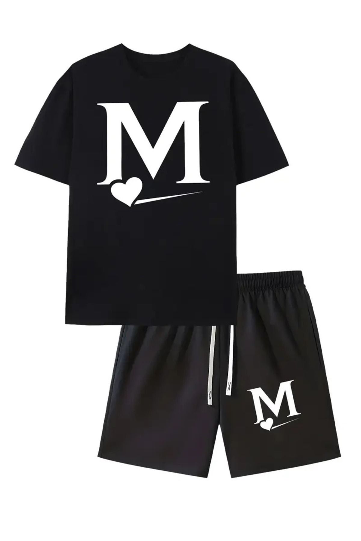 LAND MODA Letter M Heart Logo Print Erkek Kısa Kollu T-Shirt ve Bel Şort 2 Adet Set Rahat Spor Düzenli Üst ve