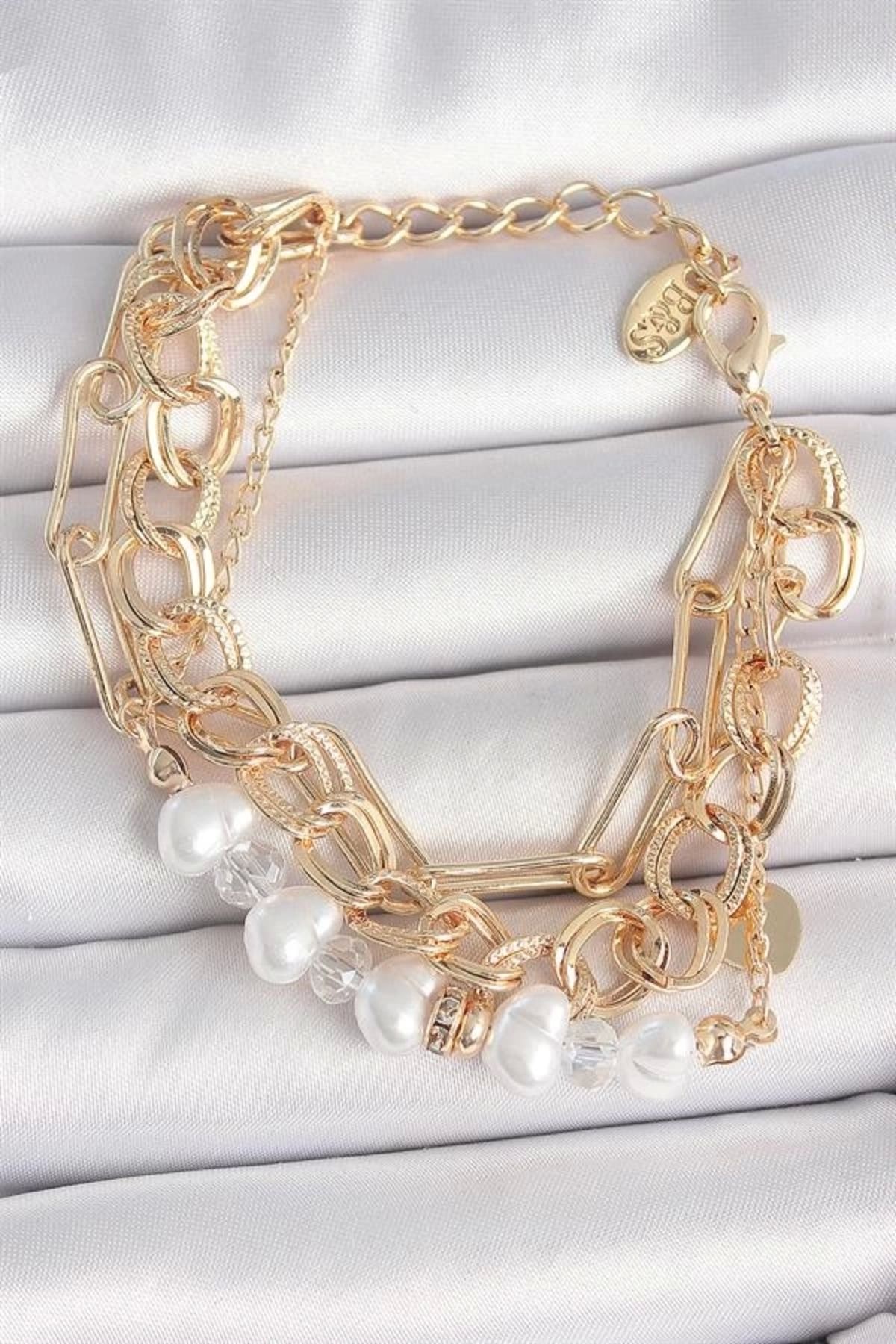 FASHIONLINE Pirinç Gold Renk Çoklu Zincir Model İncilli Zirkon Taş Detay Kadın Bileklik