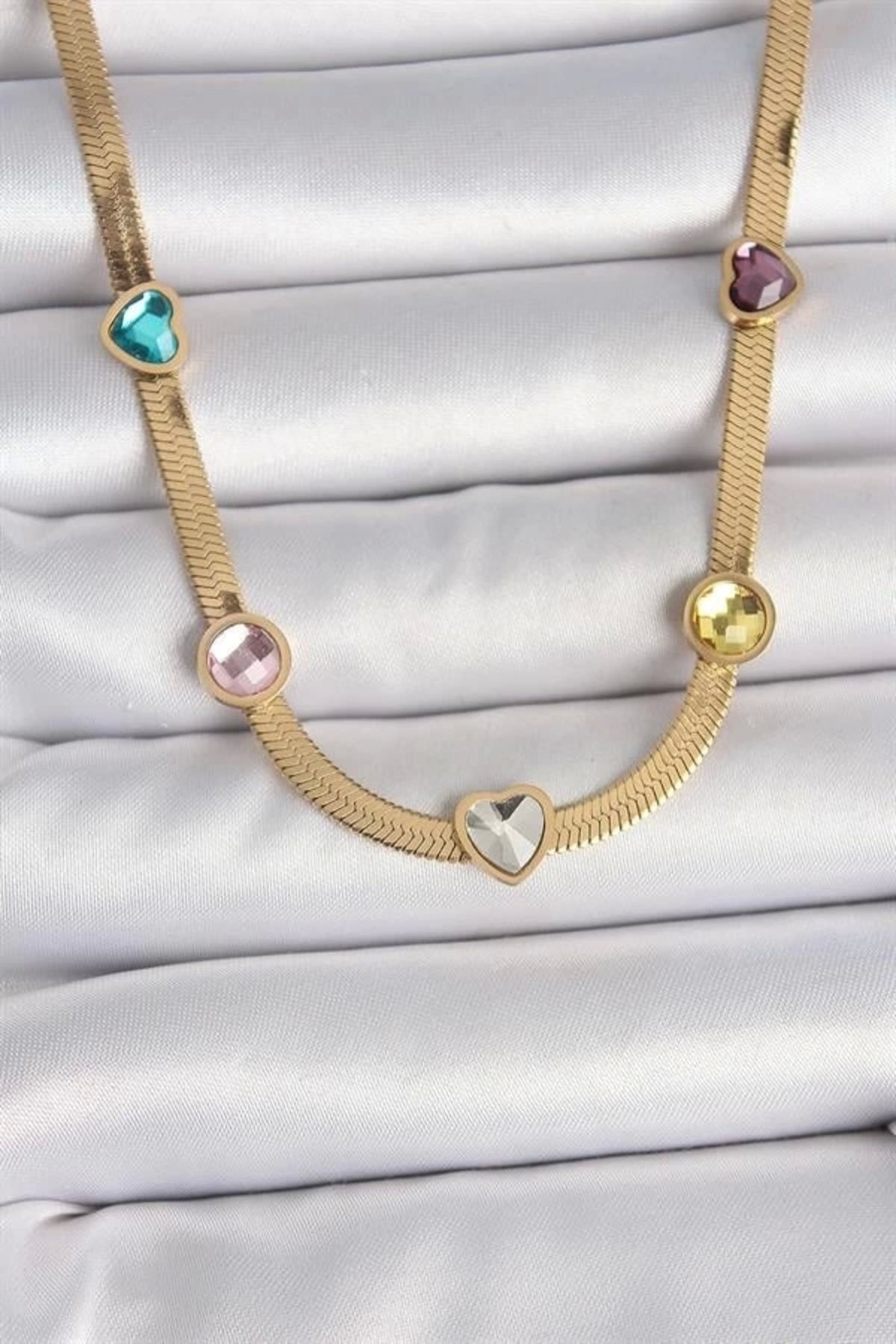 FASHIONLINE 316L Çelik Gold Renk İtalyan Zincir Renkli Zirkon Taşlı Kalp Figür Kadın Kolye