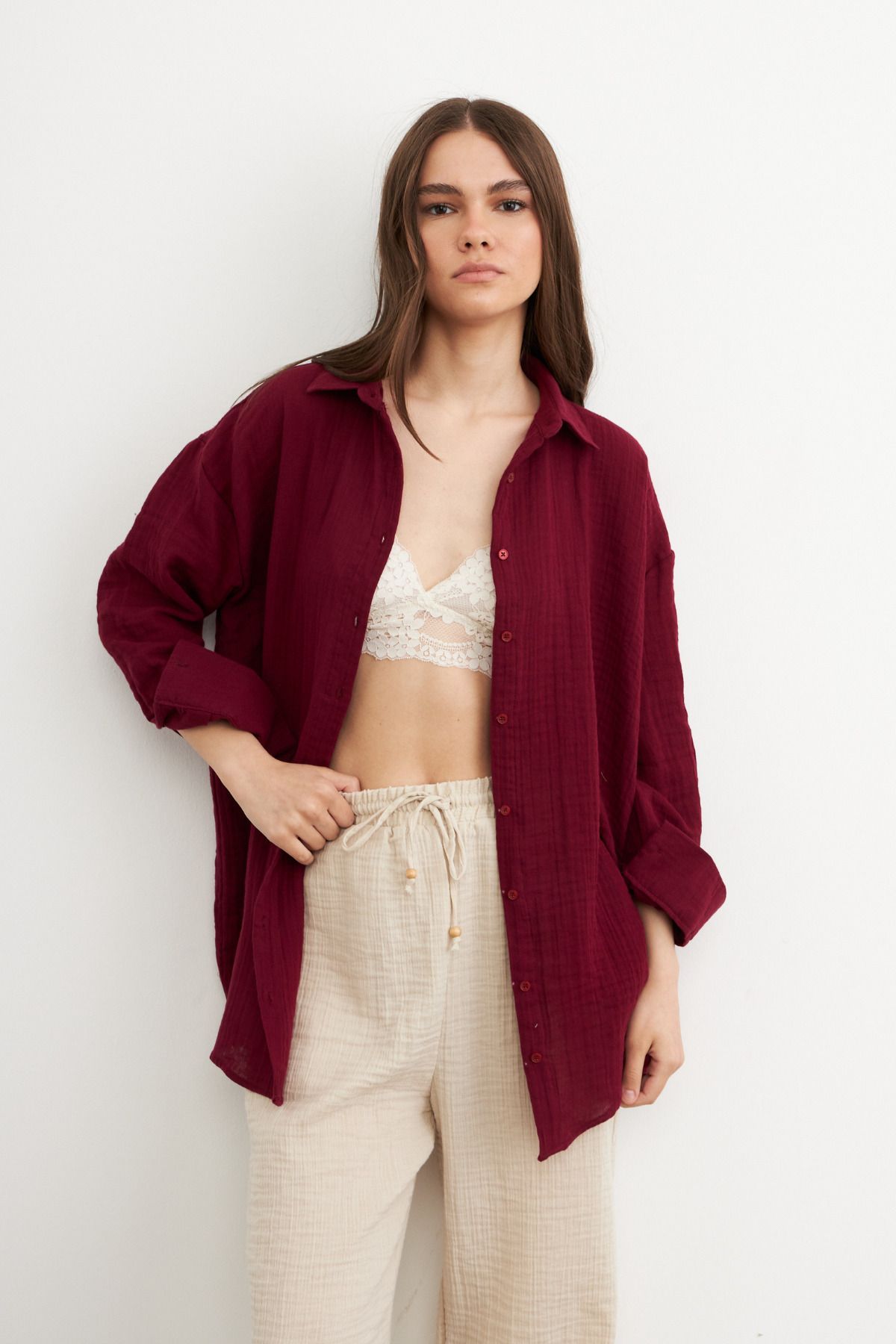 Bipantolon Kadın Bordo Oversize Basic Müslin Gömlek