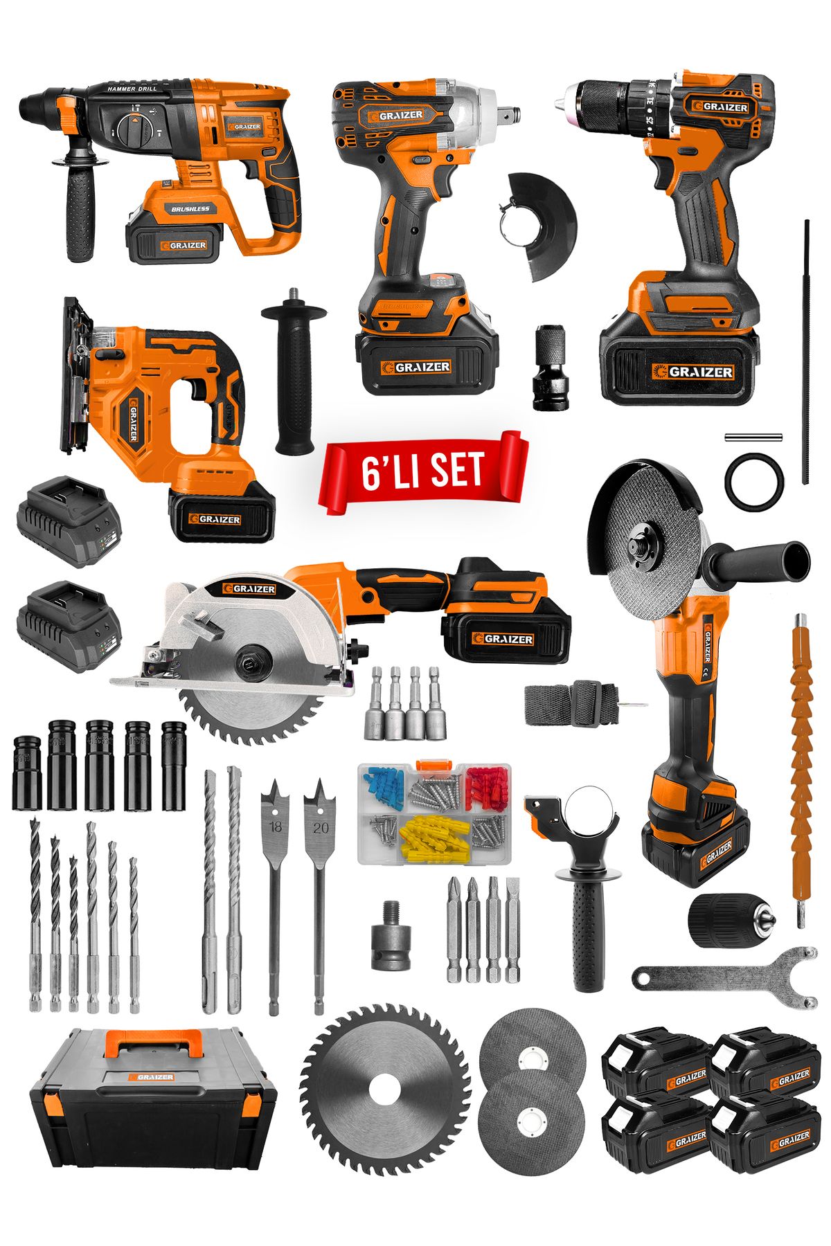 Graizer Powerforge Profesyonel Kömürsüz Bakır Sargılı Çelik Şanzıman 6'lı Set Sunta Kesme+Dekupaj-Turuncu