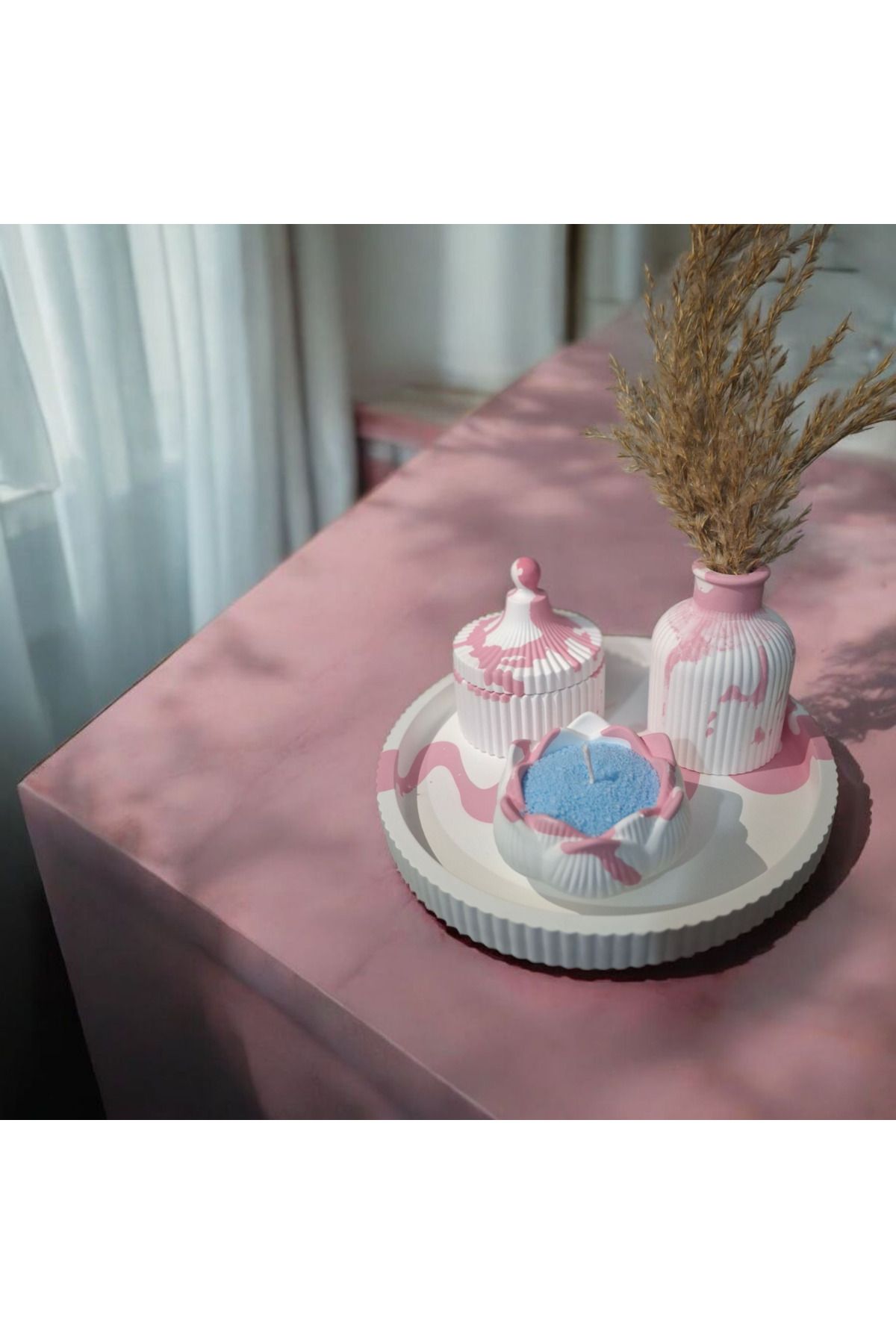YILDIZ DECOR 4 Lü Pembe Set Dekoratif Sunum Tepsili Tasarım Vazo Ve Lotus Yaşam Çiçeği Mumluk